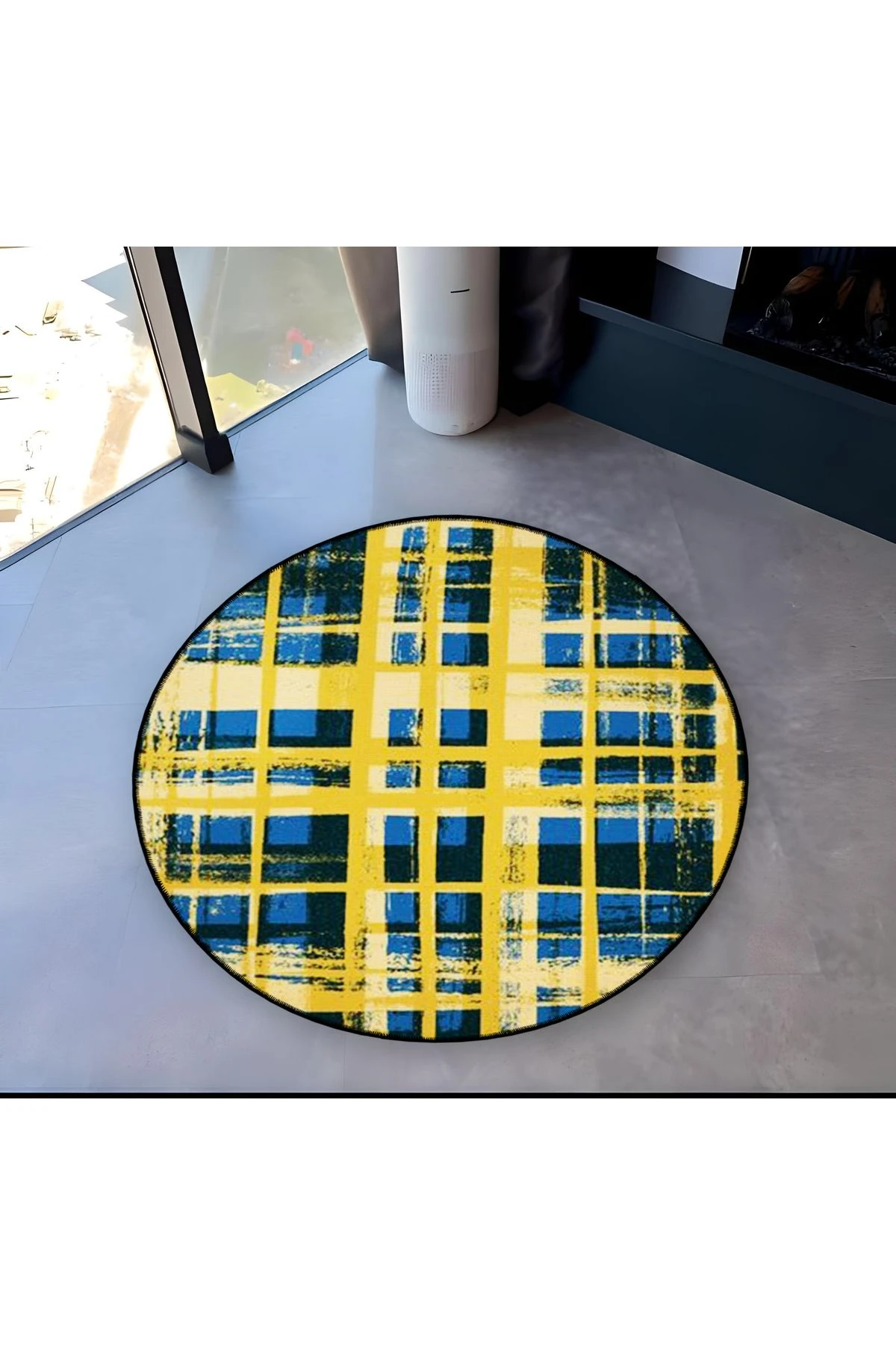 Mira Yuvarlak Sarı Lacivert Ekose Detaylı Dokuma Taban Modern Dekoratif Halı mirayuvarlak5540