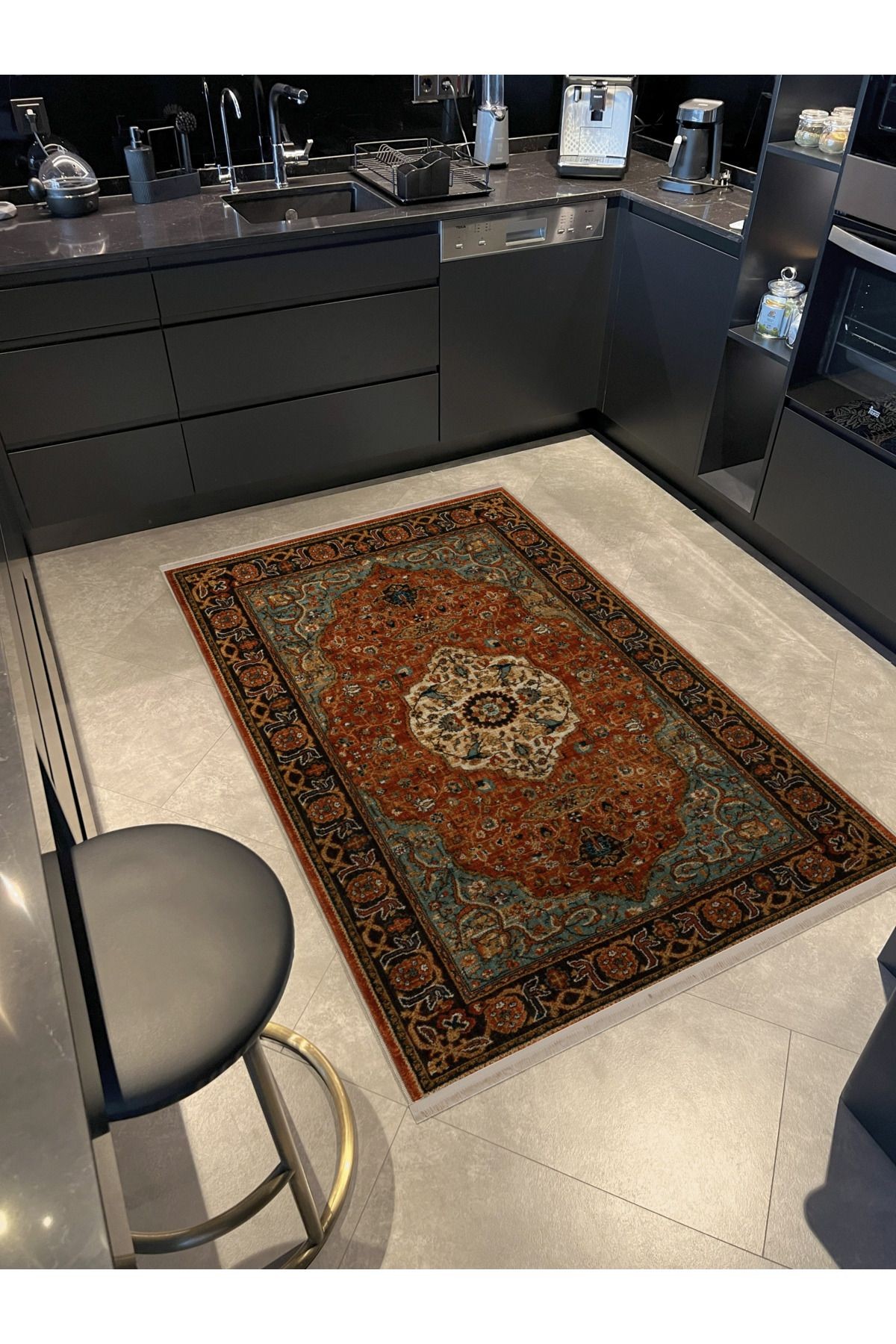 Turuncu Mavi Temalı Geleneksel Motif Etnik Desenli Kreatif Vintage Dekoratif Halı 2875