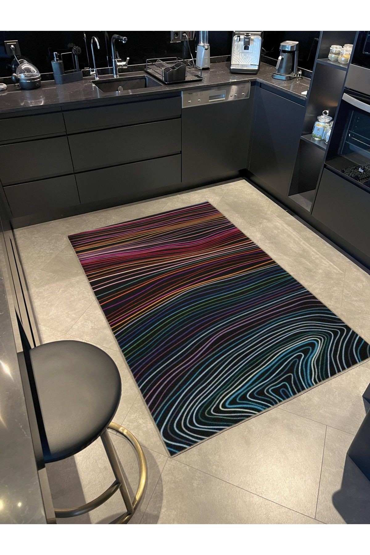 Koyu Ton Çok Renkli Soyut Dalgalı Spiral Desenli Kreatif Modern Dekoratif Halı 2348