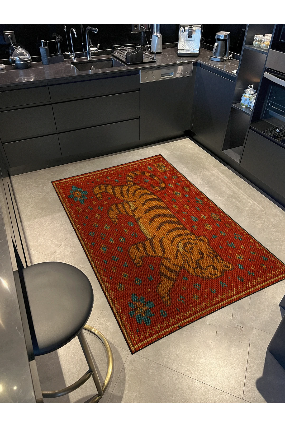 MOSSO Kırmızı Temalı Motifli ve Kaplan Desenli Dokuma Taban Modern Dekoratif Halı mosso358