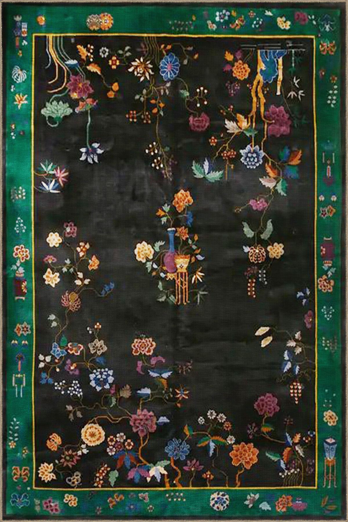 Siyah Yeşil Temalı Geleneksel Çin Tasarım Floral Çiçek Desenli Vintage Dekoratif Halı 3487