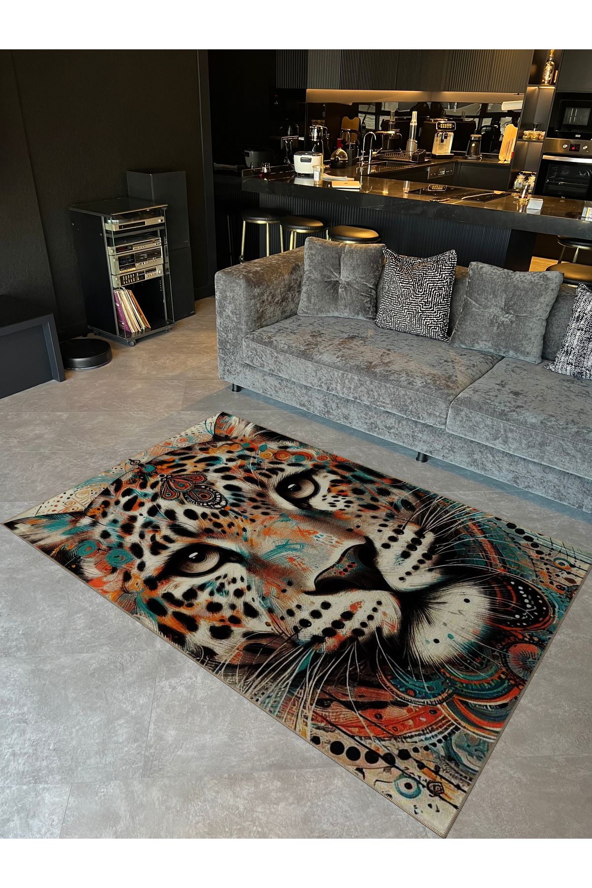 Animal Koleksiyonu Çok Renkli Etnik Detaylı Kaplan Dokuma Taban Yıkanabilir Halı animal22