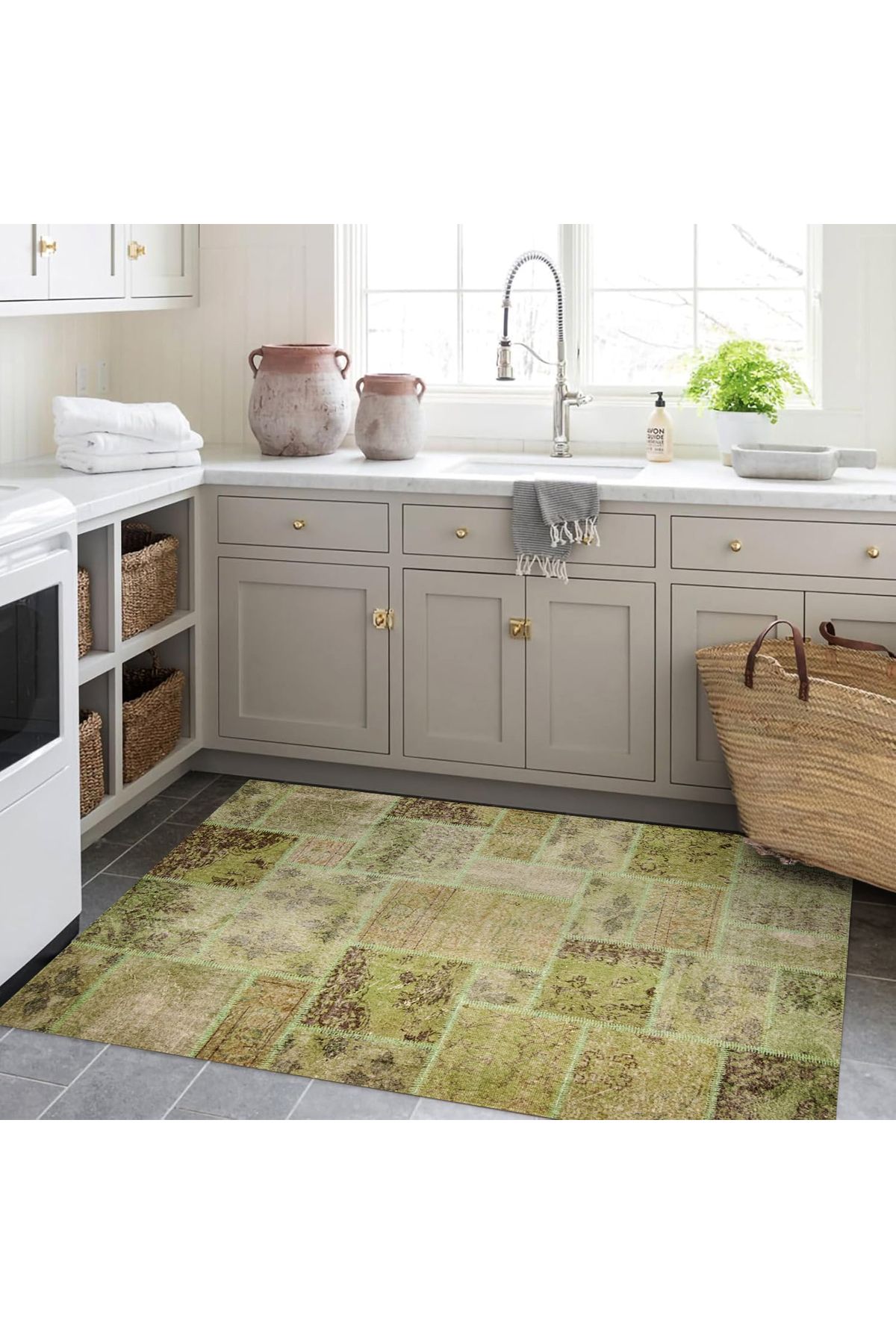 Cansu Koleksiyonu Eskitme Patchwork Görünümlü Yeşil Tonlarda Dokuma Taban Dekoratif Halı cansu09