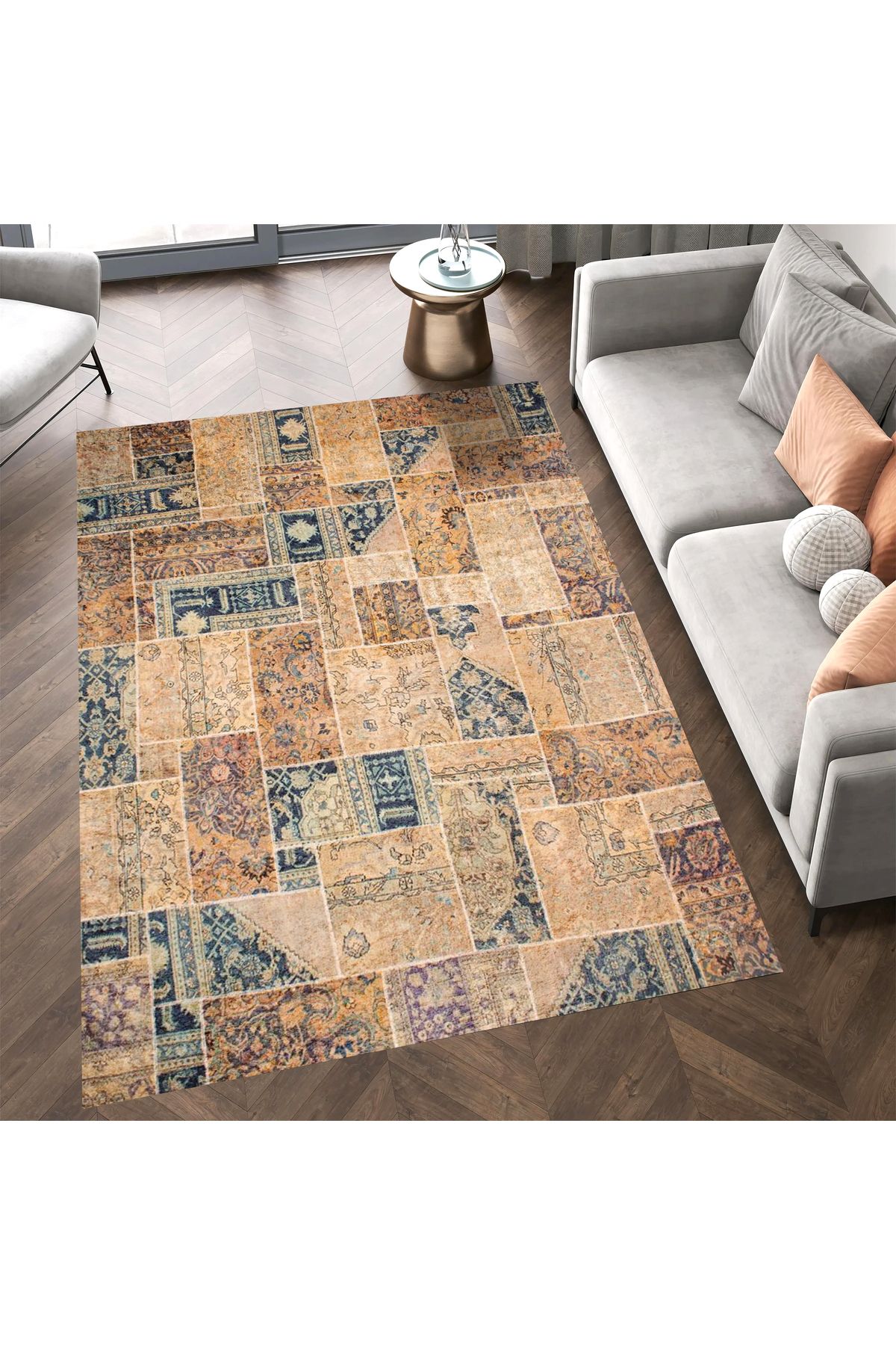 Cansu Koleksiyonu Patchwork Görünümlü Etnik Desen Detaylı Dokuma Taban Modern Dekoratif Halı cansu03