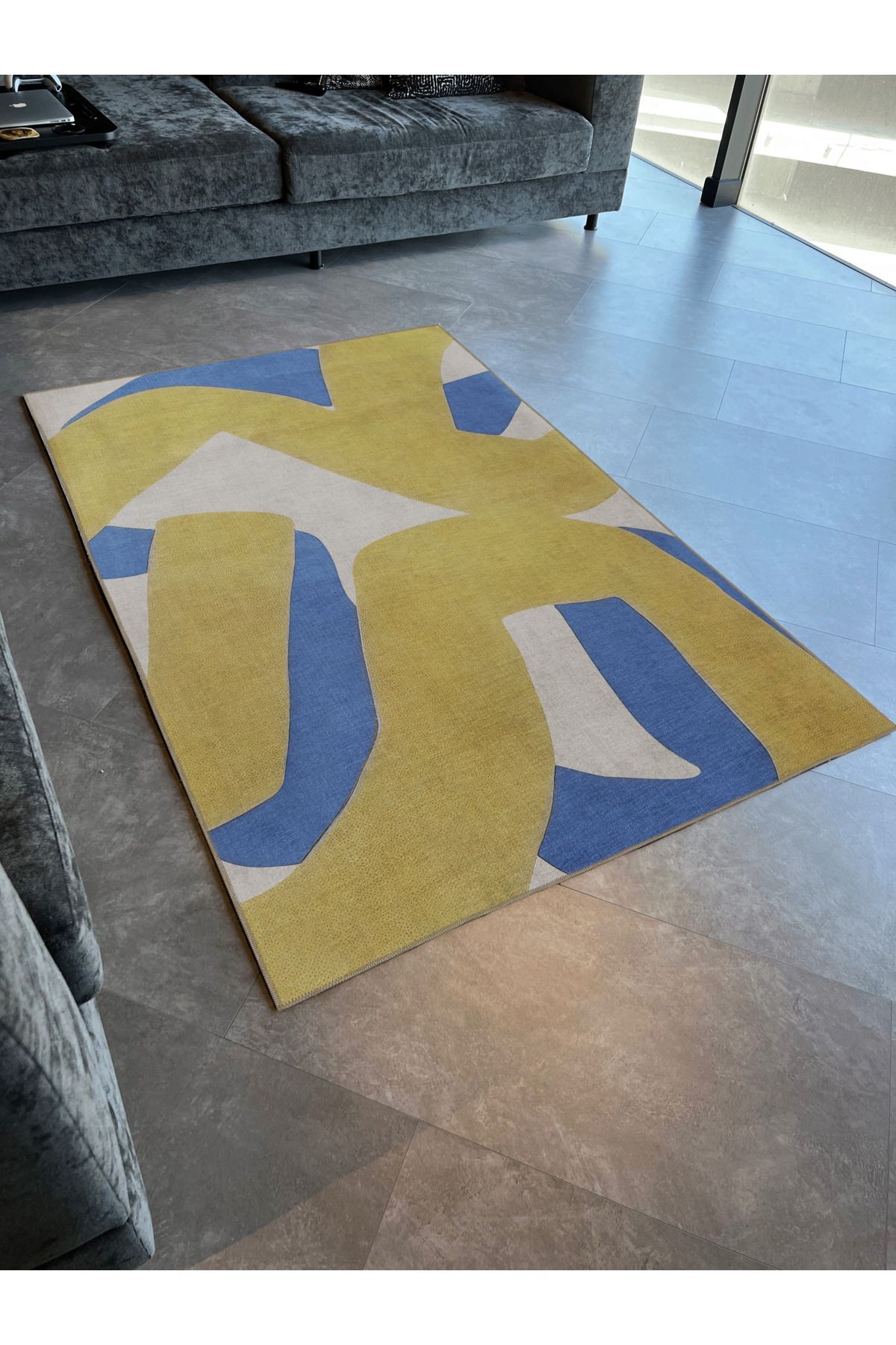 SDNEY Mavi Sarı Temalı Karma Şekil Desenli Kreatif Modern Dekoratif Halı 2215