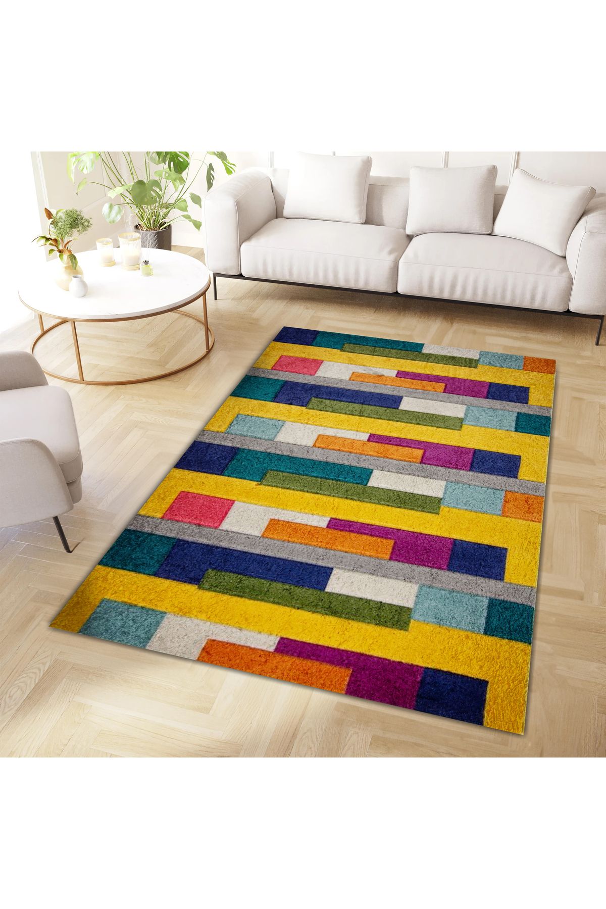 Kuzey Koleksiyonu Çok Renkli Şekiller Dokuma Taban Modern Dekoratif Halı kuzey33