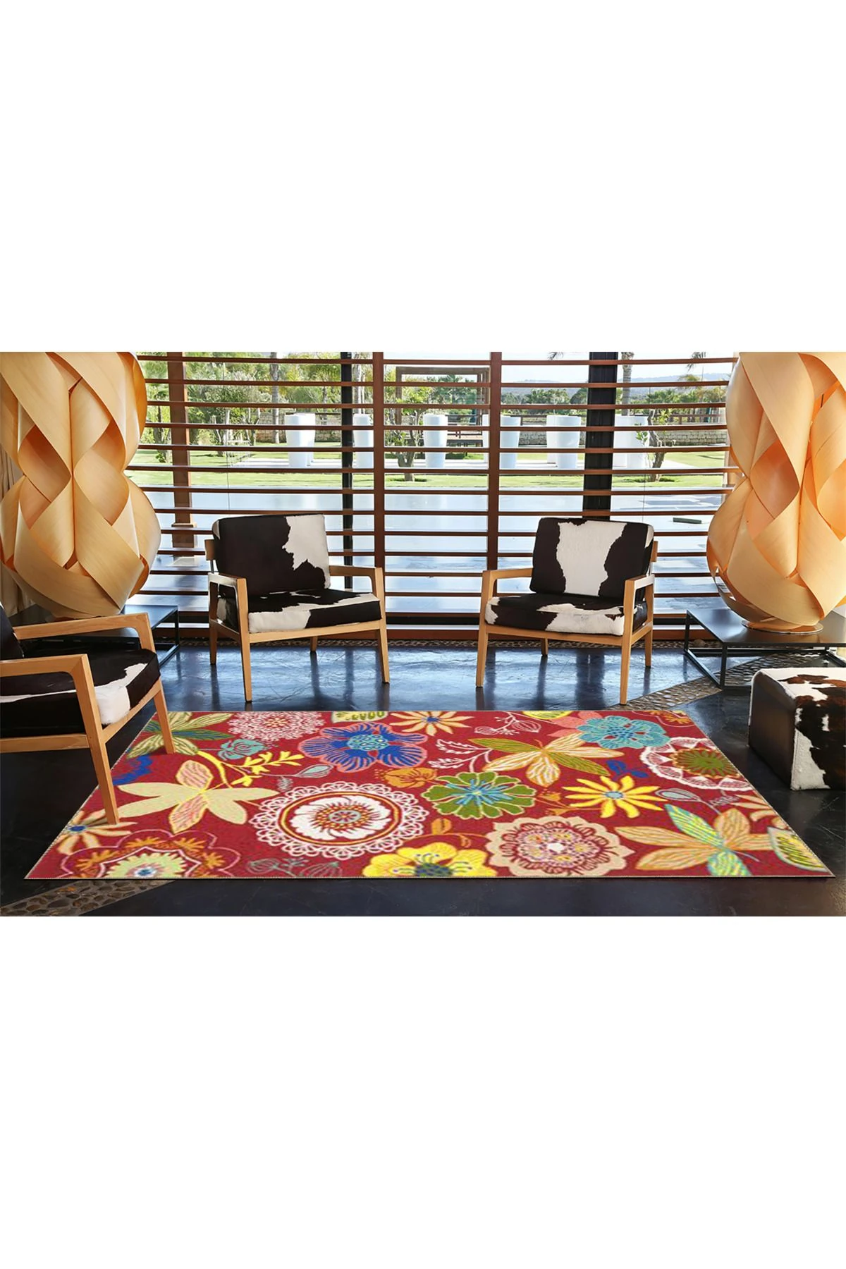 Kırmızı Temalı Karma Floral Çiçek Desenli Kreatif Modern Dekoratif Halı 3618