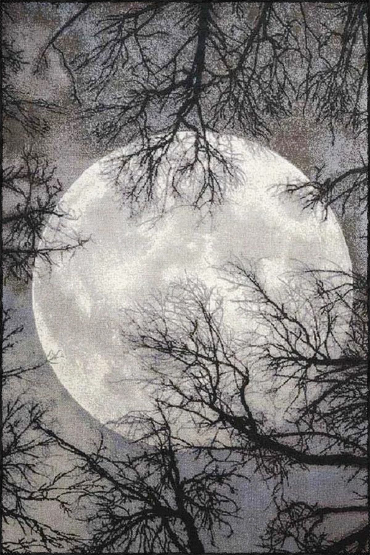 Gri Temalı Ağaç ve Ay Desenli Kreatif Modern Dekoratif Halı 3892