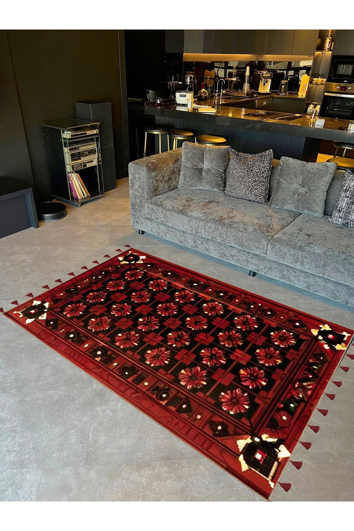 Royal Geometrik Düzende Şekiller Desenli Püskül Detaylı Dokuma Taban Dekoratif Halı royal35