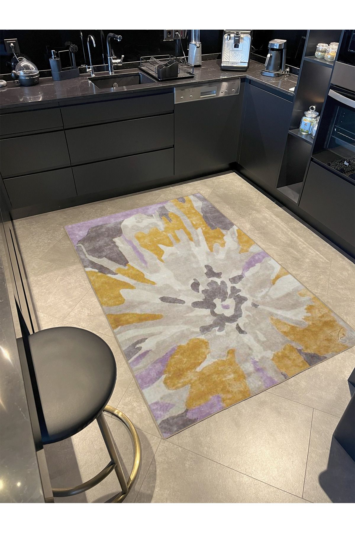 Sarı Krem Pastel Boyalı Geometrik Desenli Dokuma Taban miravip812