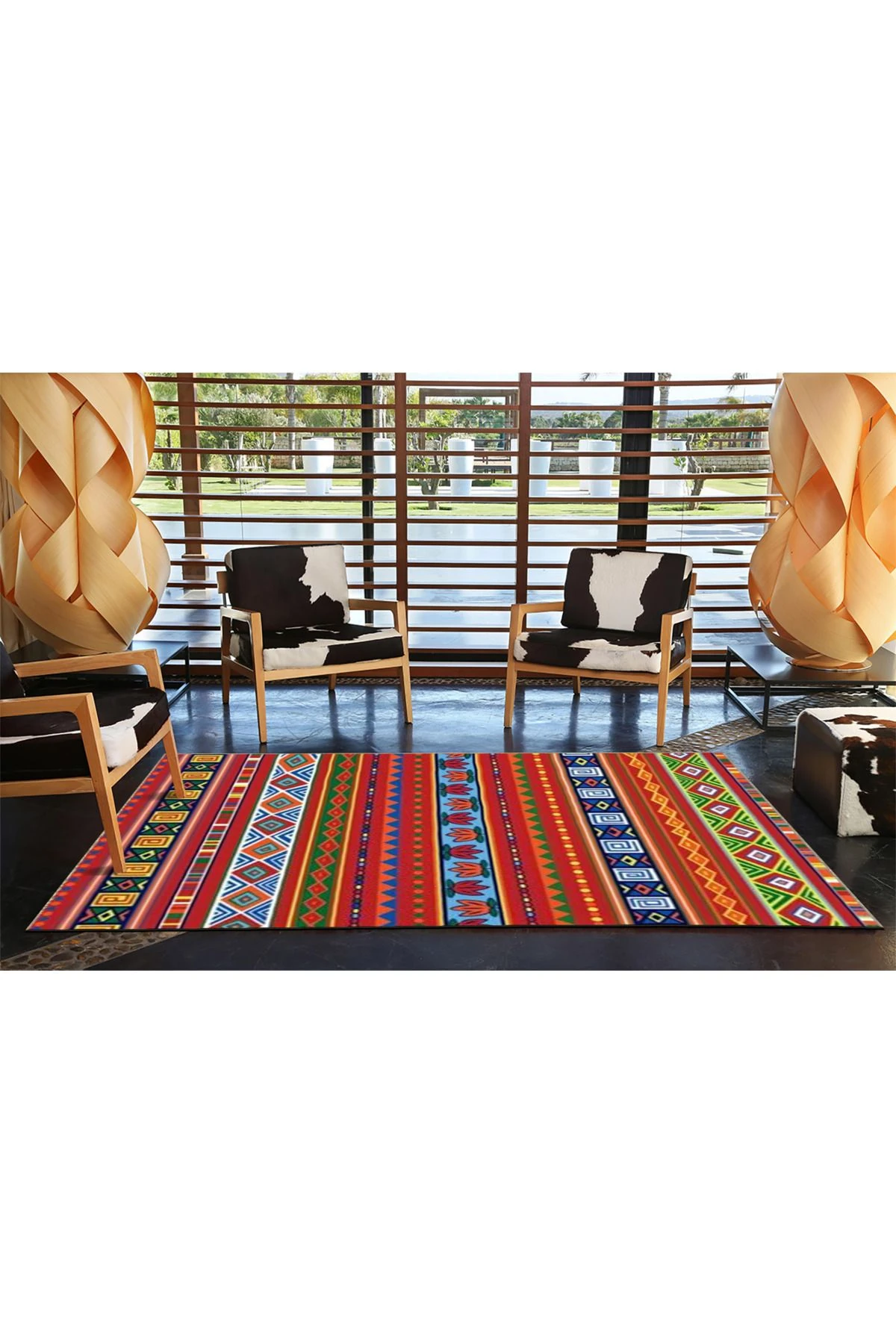 Kırmızı Temalı Çok Renkli Karma Etnik Figür Desenli Vintage Dekoratif Halı 4656