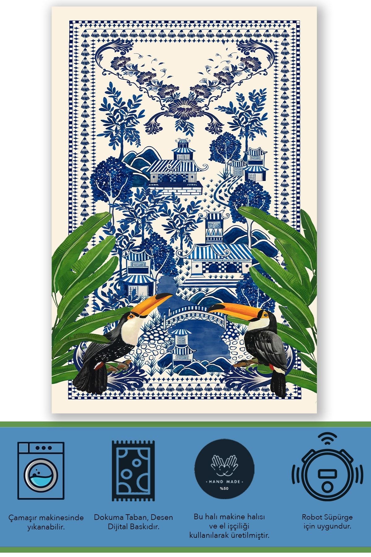 Blue Blanc Ve Botanik Tema Dijital Baskı Dekoratif Dokuma Taban Halı Mira 1284