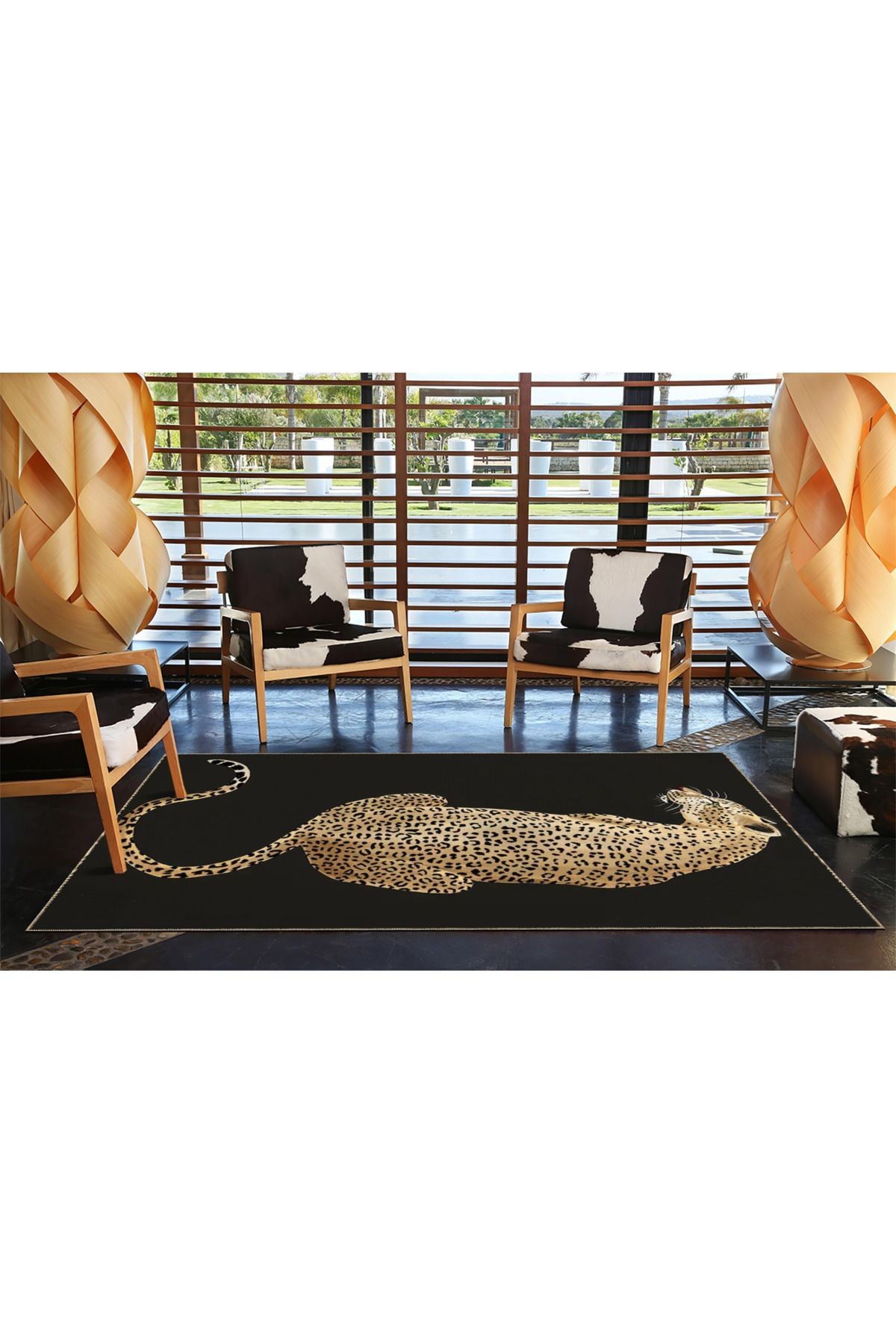 Siyah Bej Temalı Asil Leopar Desenli Kreatif Modern Dekoratif Halı 3584