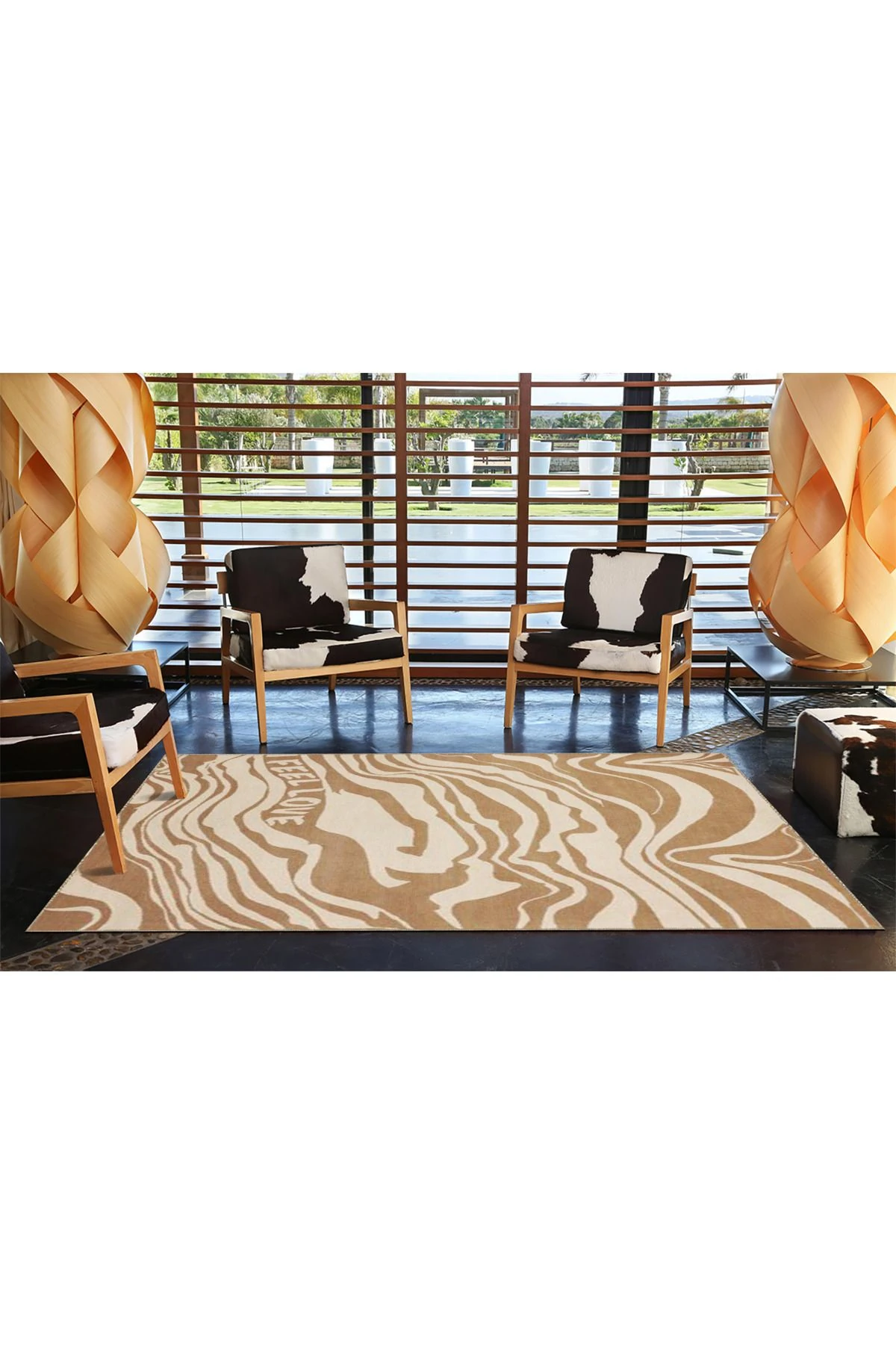 Kahverengi Krem Yazılı Dalgalı Desenli Modern Dekoratif Halı miravip476