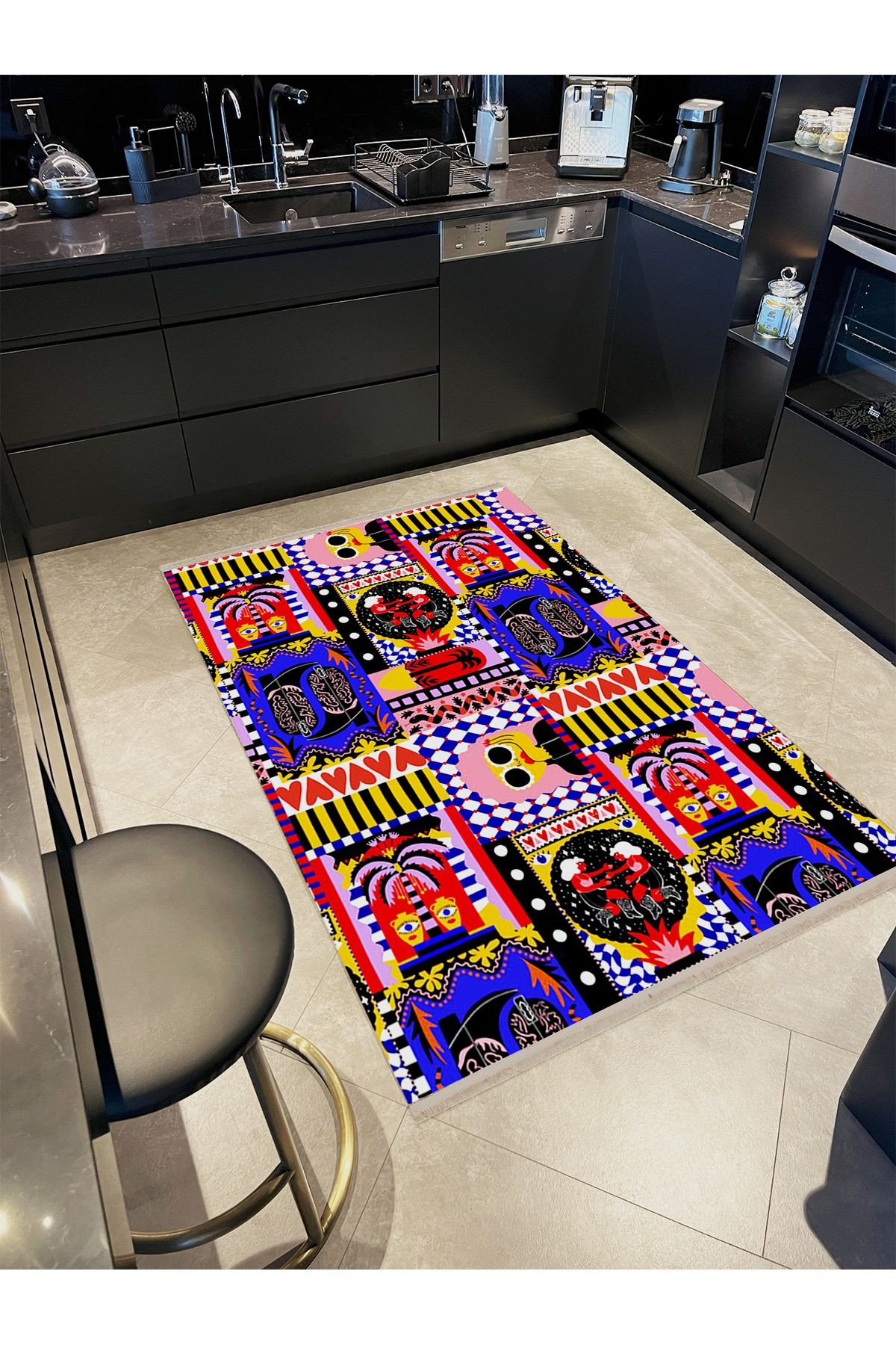 Asena Koleksiyonu Çok Renkli Soyut Figürler ve Kalp Desenli Kreatif Modern Dekoratif Halı 39