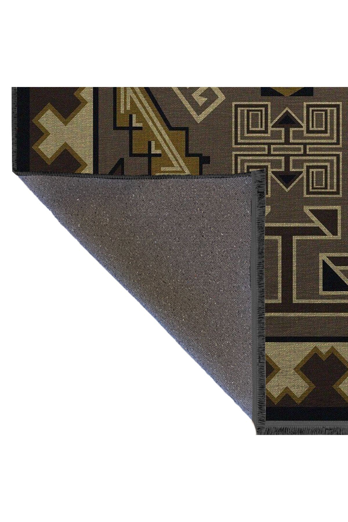 Gri Kahve Temalı Geleneksel Motif Etnik Desenli Saçaklı Vintage Dekoratif Halı 3086