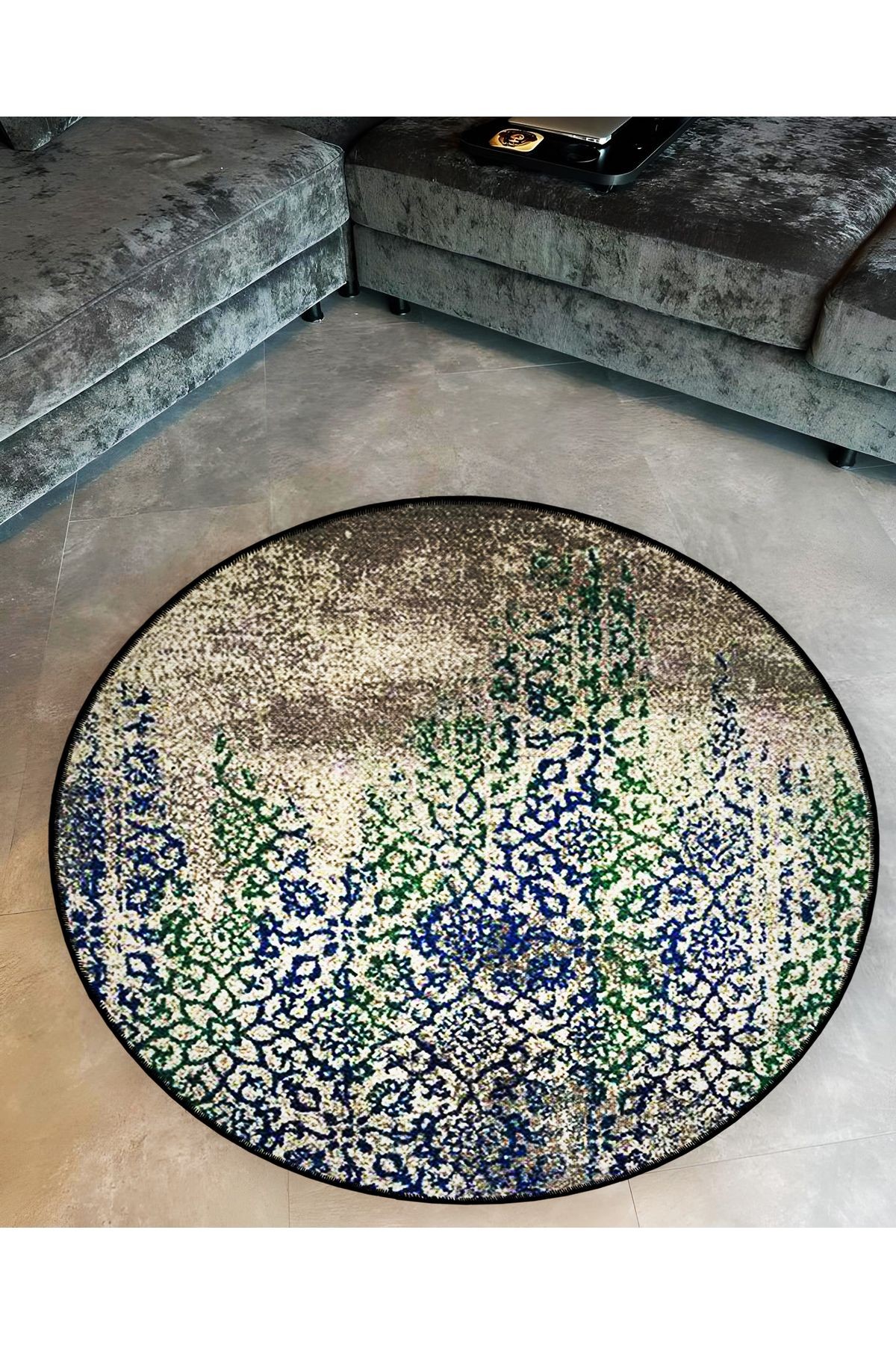 Çok Renkli Soyut Motifli Desenli Yuvarlak Dokuma Taban Vintage Dekoratif Halı 6154