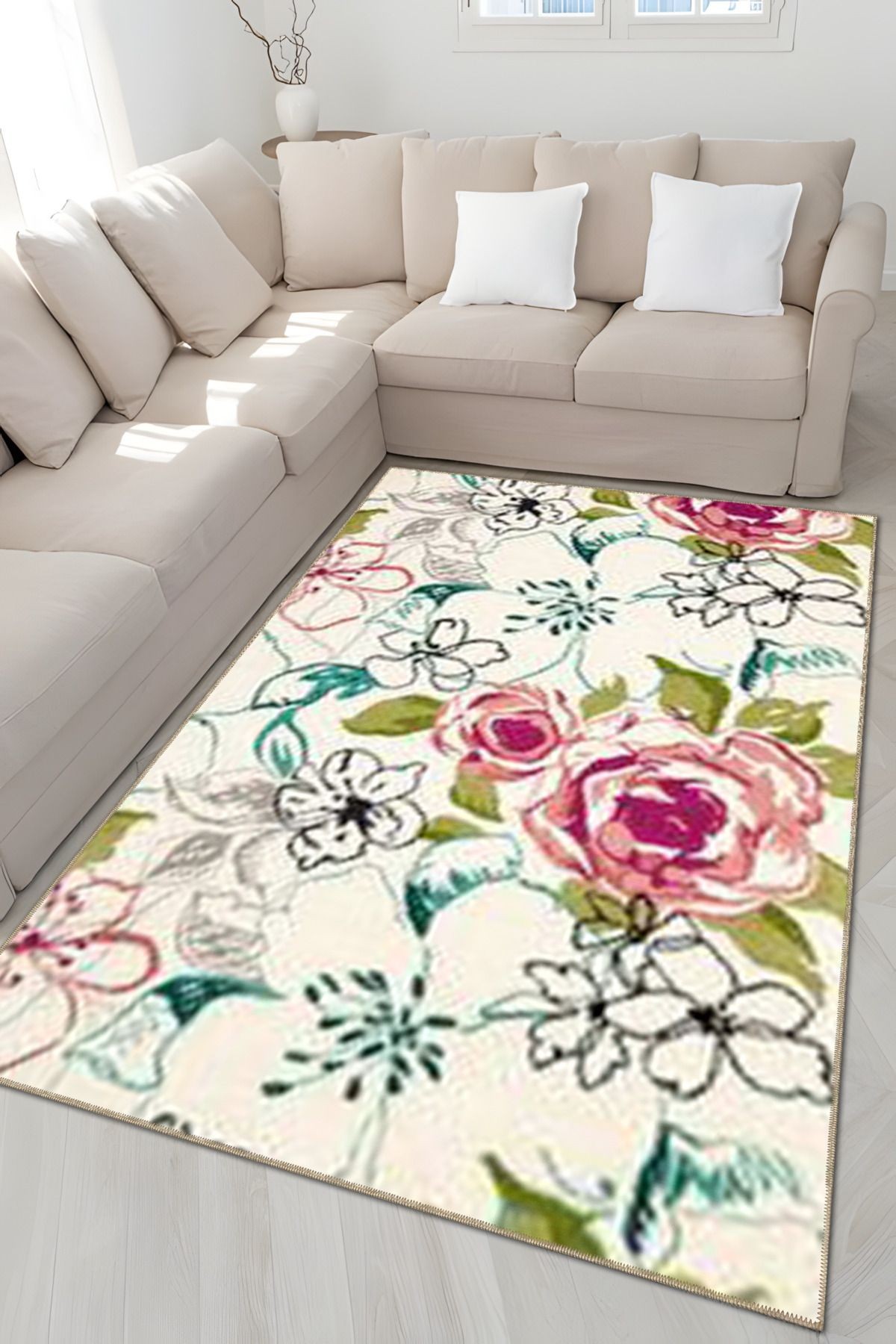 Bej Temalı Sarmaşık Çiçek ve Gül Desenli Modern Dekoratif Halı 5036