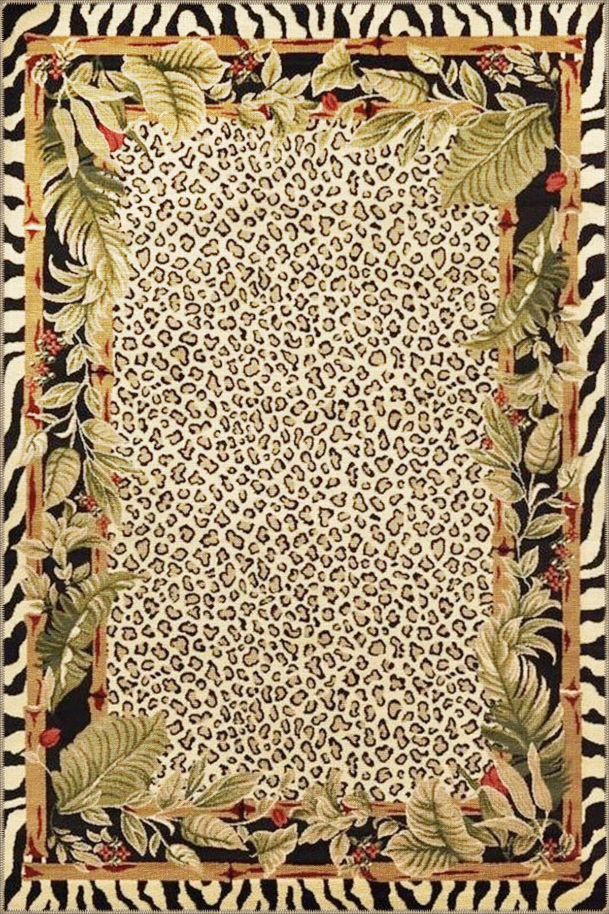Bej Siyah Temalı Soyut Yaprak ve Çiçek Desenli Kreatif Modern Dekoratif Halı 3649