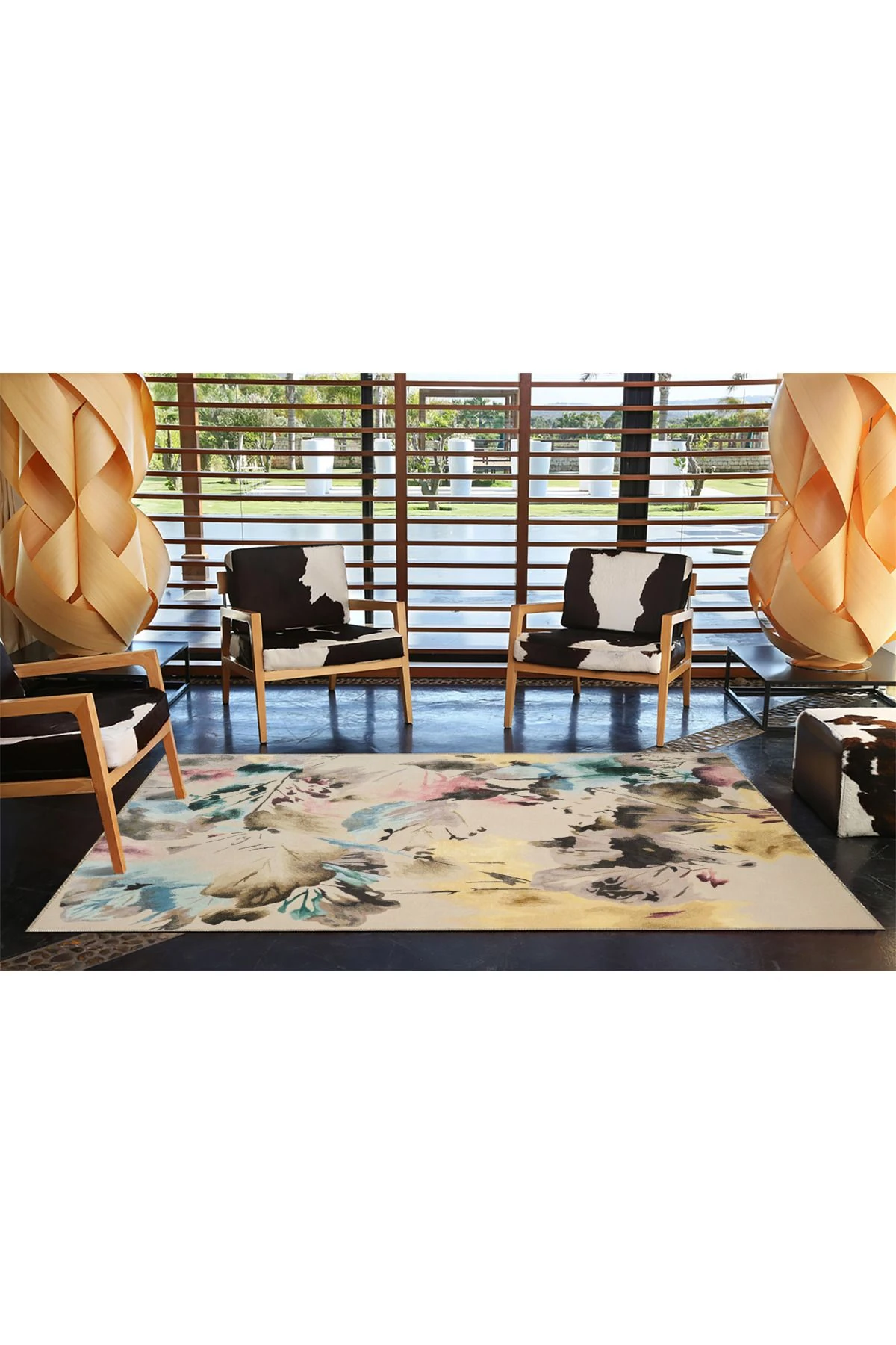 Krem Çiçekli Temalı Desenli Modern Dekoratif Halı ve Yıkanabilir Halı miravip9595