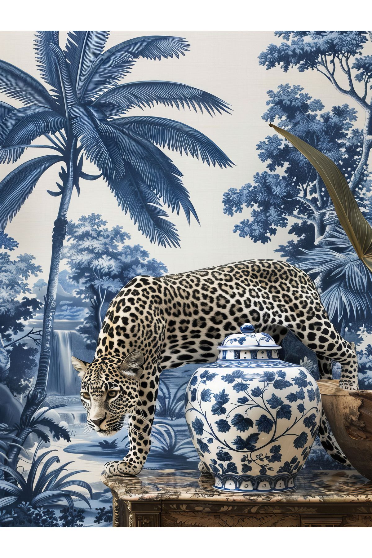 Paris Koleksiyonu Blue Blanc Palmiye Detaylı Kaplan ve Vazo Desenli Modern Dekoratif Halı paris29