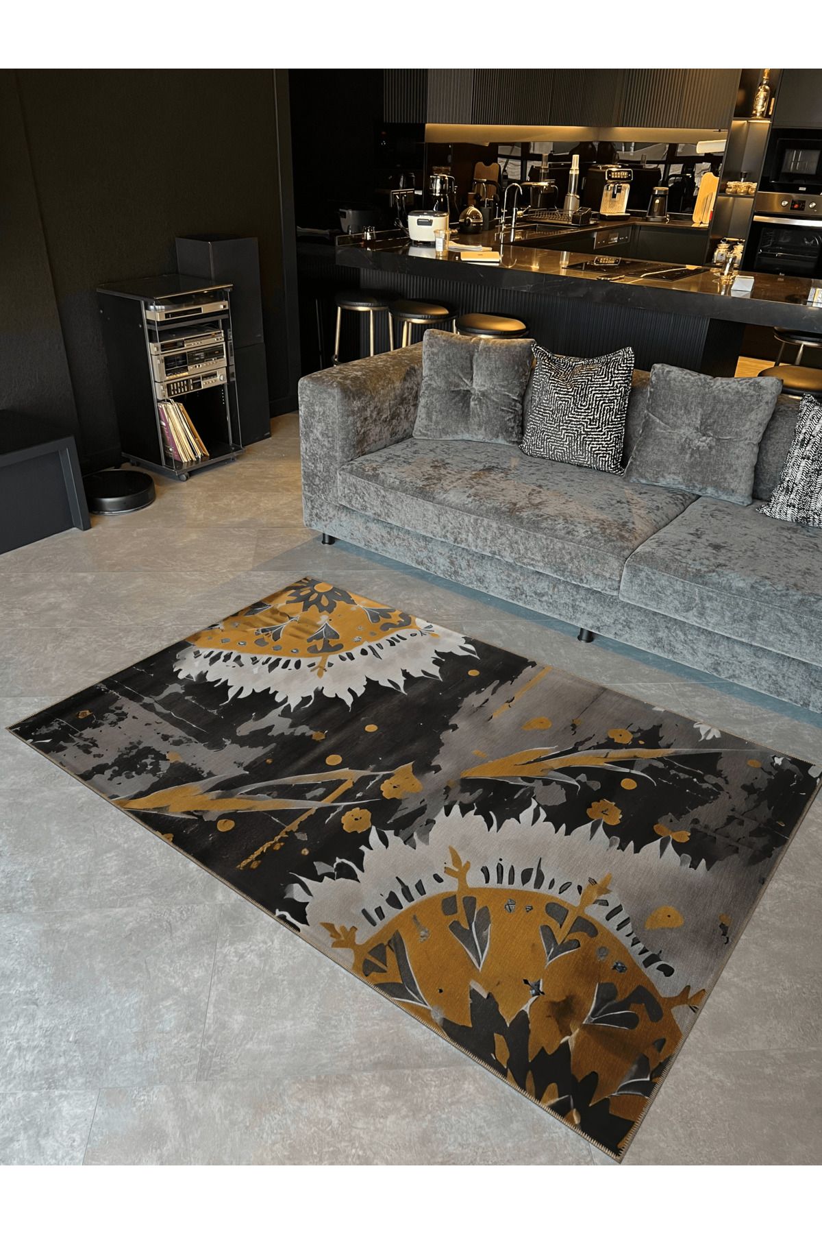 Gri Sarı Tema Soyut Karma Şekilli Desenli Kreatif Modern Dekoratif Halı 5140