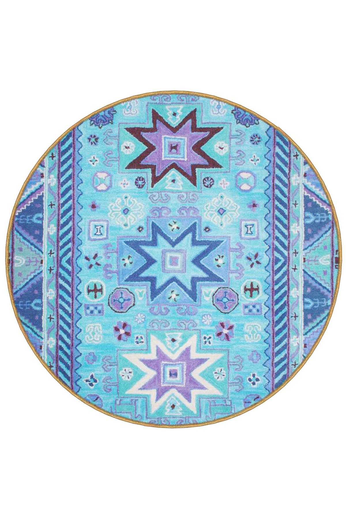 Mira Yuvarlak Turkuaz Mor Tonlarda Etnik Desen Detaylı Dokuma Taban Modern Dekoratif Halı 5607
