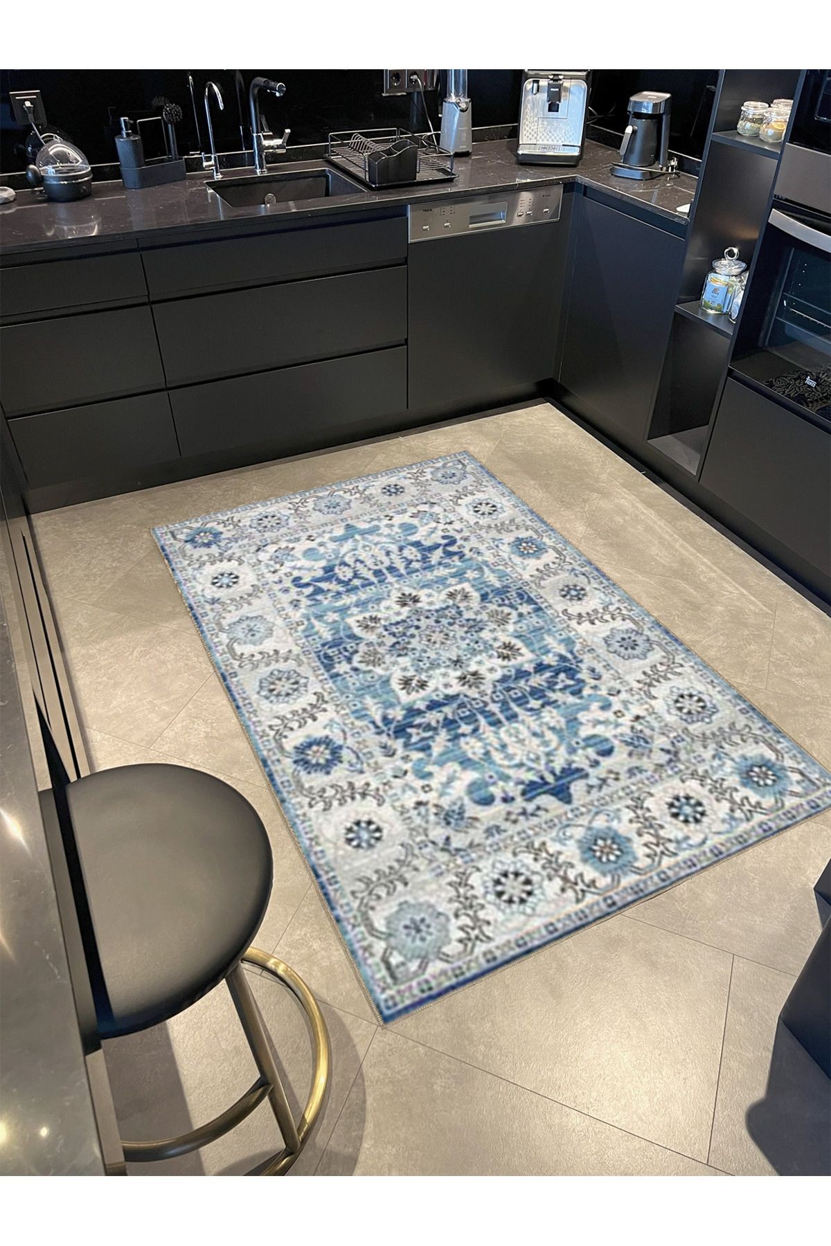 Gri Mavi Temalı Geleneksel Motif Çiçek Desenli Vintage Dekoratif Halı 4545