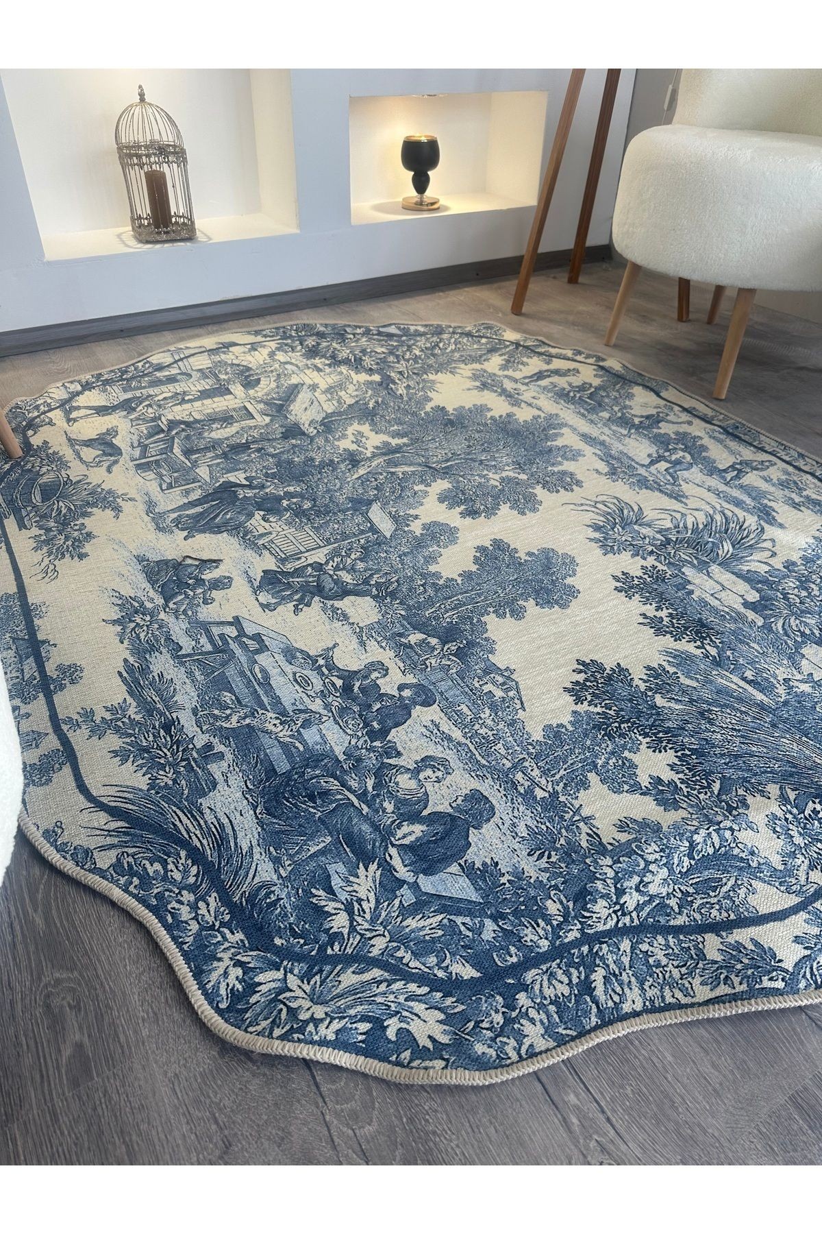 Série Vintage Blue Blanc Mavi Bej Desenli Dokuma Taban Dekoratif Halı vintage02