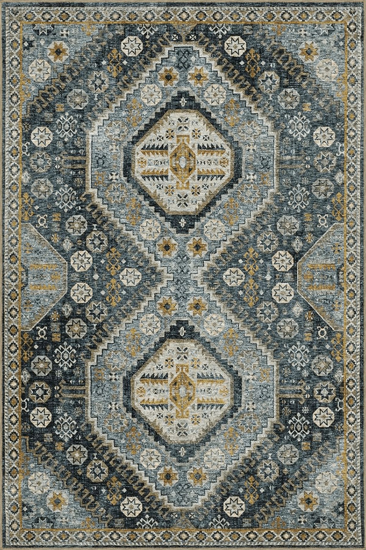 Mavi Sarı Ton Geleneksel Motif Etnik Desenli Vintage Dekoratif Halı 3976