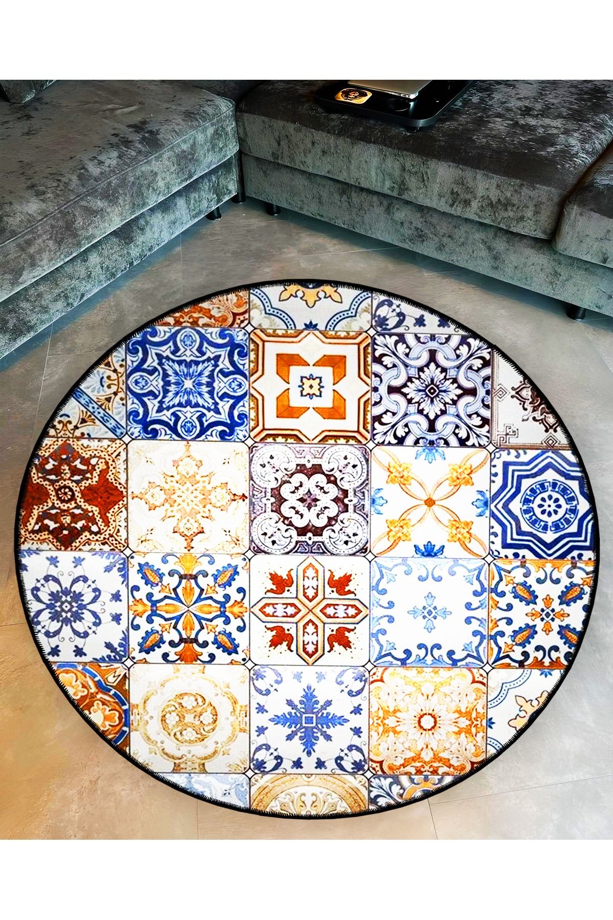 Mira Yuvarlak Turuncu Mavi Bej Çini Desenli Dokuma Taban Dekoratif Halı 5737