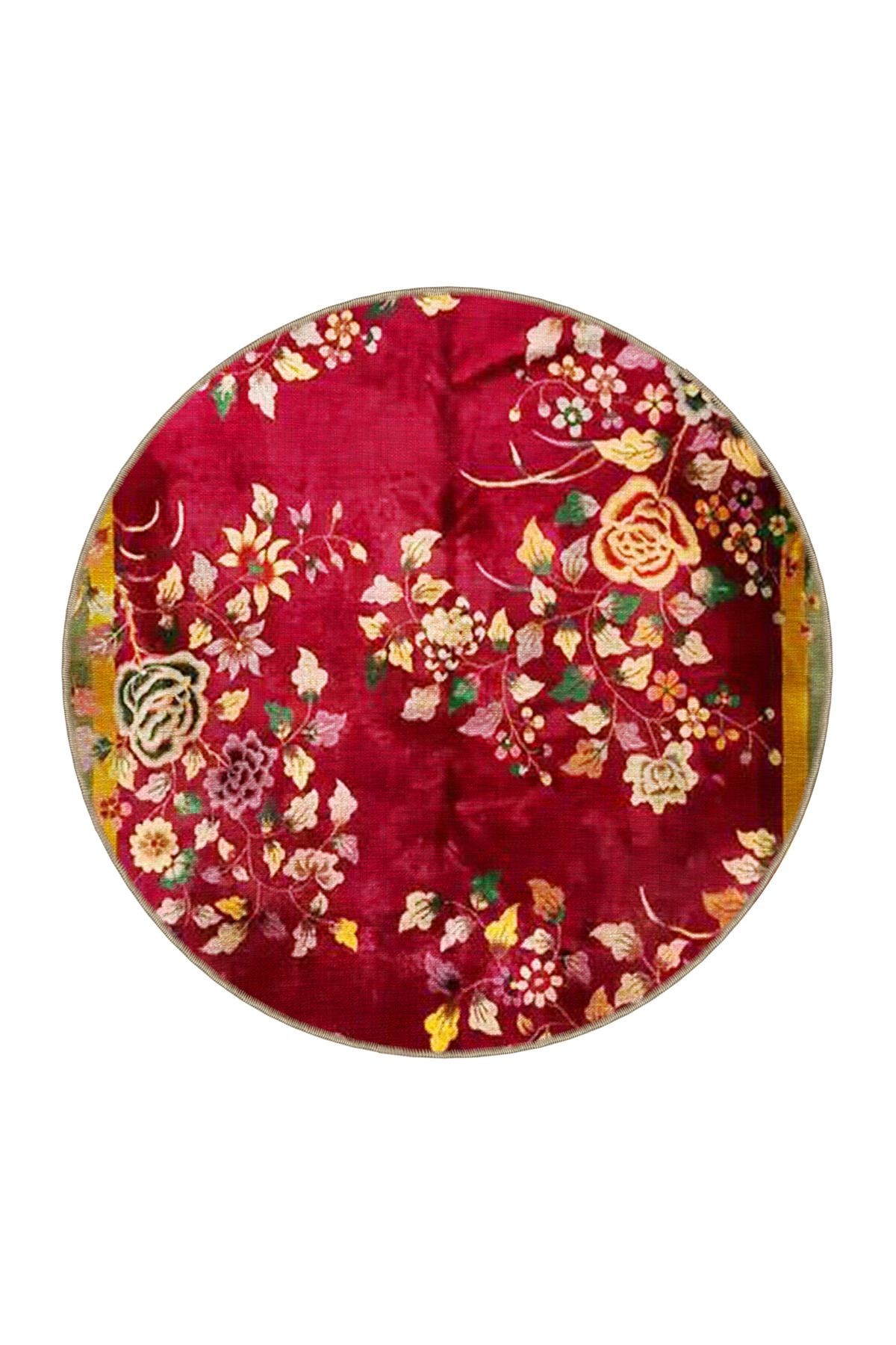 Kırmızı Temalı Geleneksel Çin Tasarım Floral Çiçek Desenli Vintage Dekoratif Halı 3488