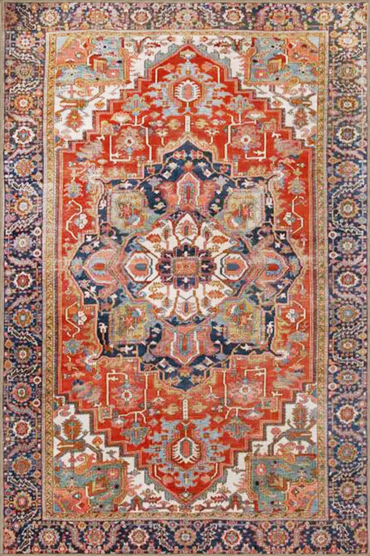 Kırmızı Temalı Geleneksel Motif Etnik Desenli Vintage Dekoratif Halı 3827