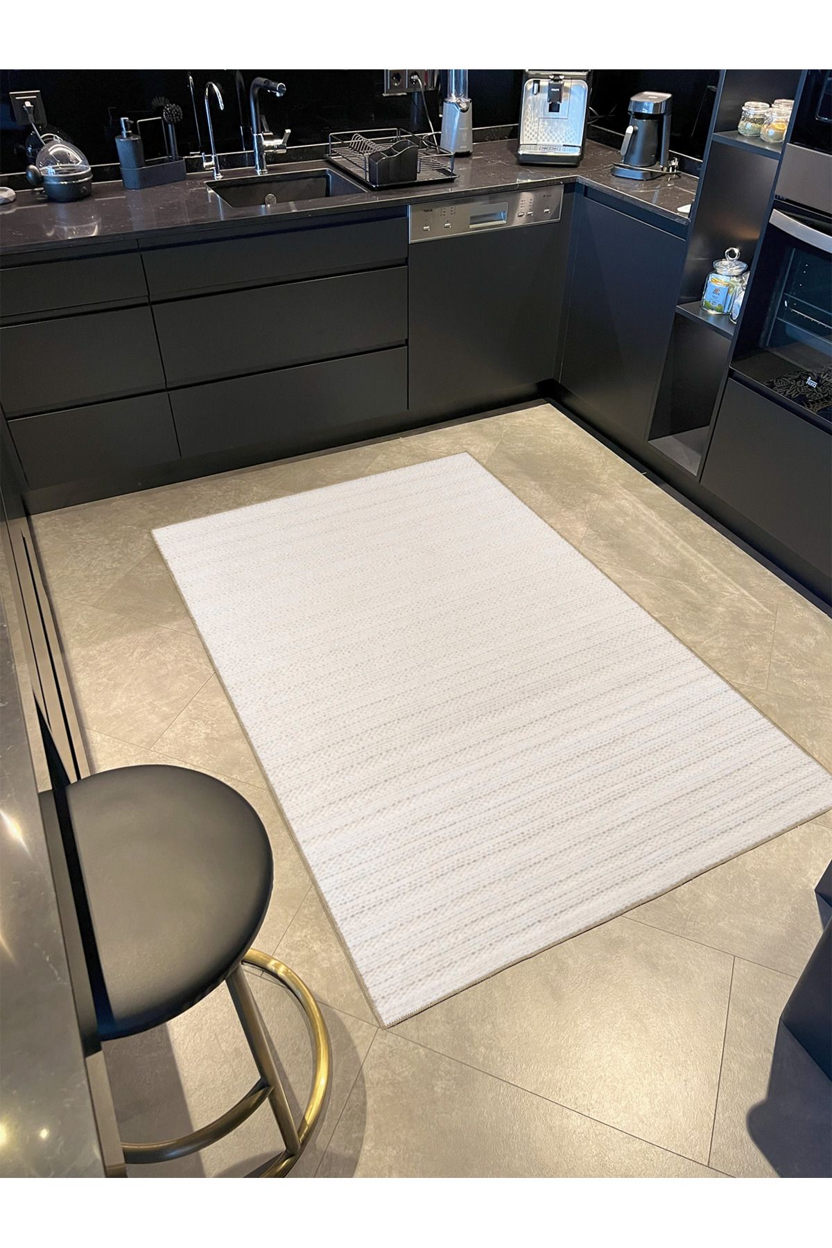 Krem Geometrik Noktalı Çizgili Dekoratif Halı ve Yıkanabilir Halı miravip9621