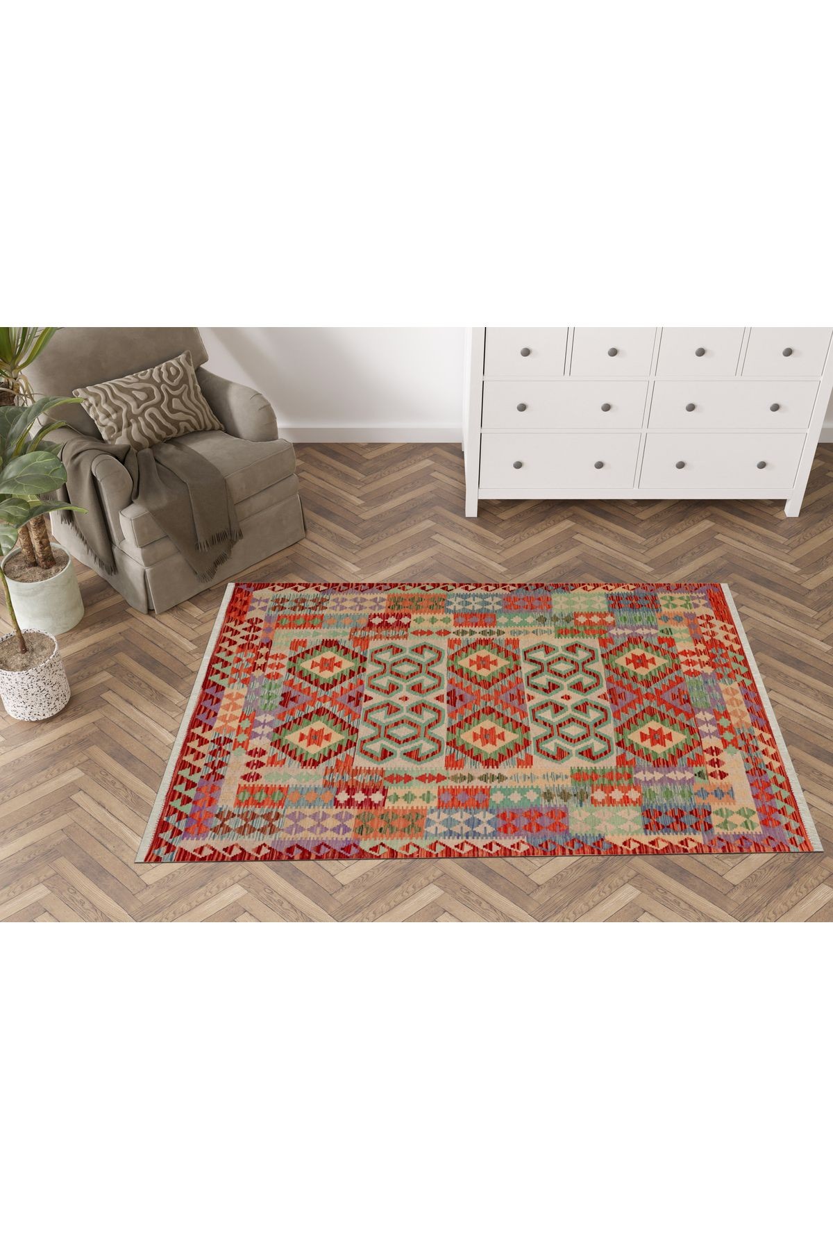Cotton 574 Etnik Otantik Saçaklı Renkli Dokuma Taban Kilim