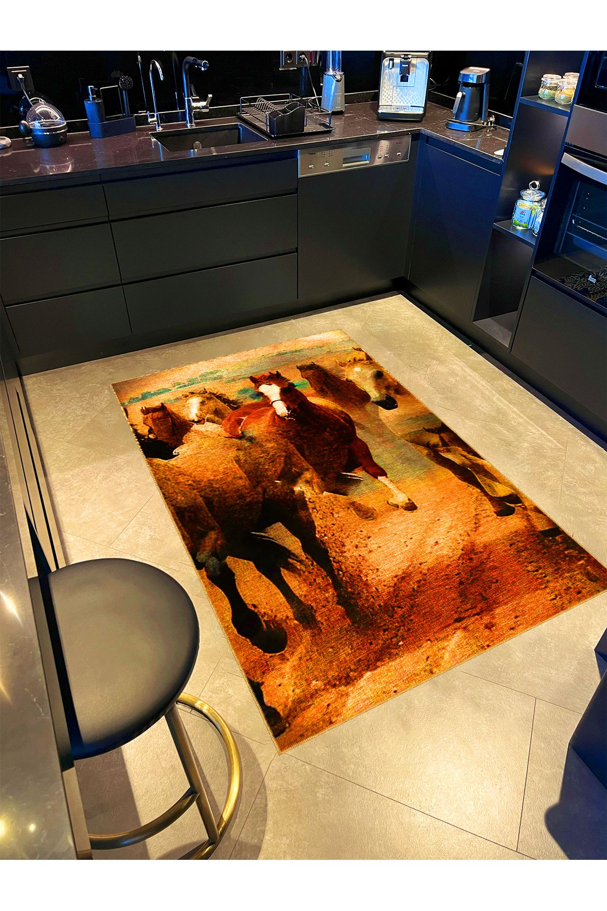 Animal Koleksiyonu Kahve Bej Tonlarında At Desenli Dokuma Taban Yıkanabilir Halı animal08