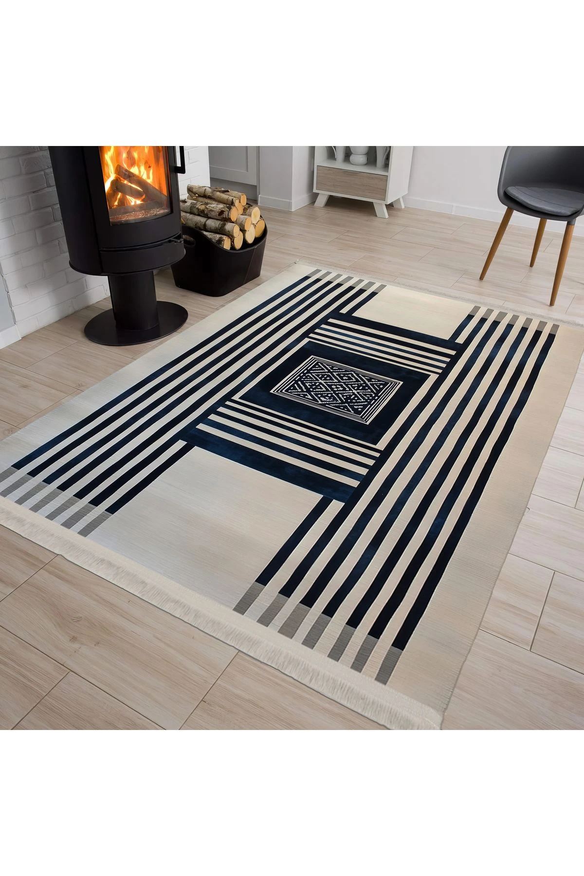 Nora 04 Lacivert Bej Çizgili Modern Dokuma Taban Dekoratif Salon Halısı