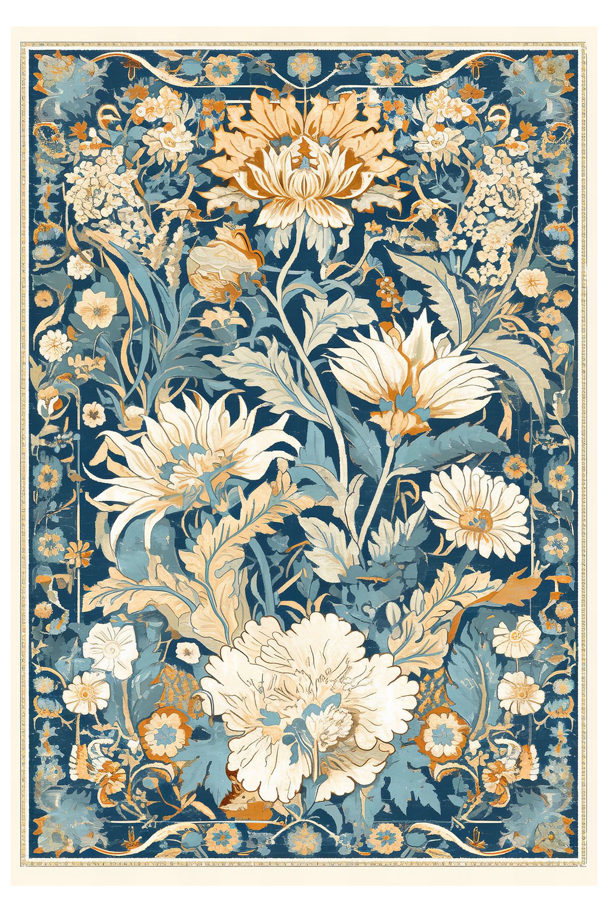 Paris Koleksiyonu Mavi Tonlarda Krem Şakayık Çiçekleri Desenli Modern Dekoratif Halı paris13