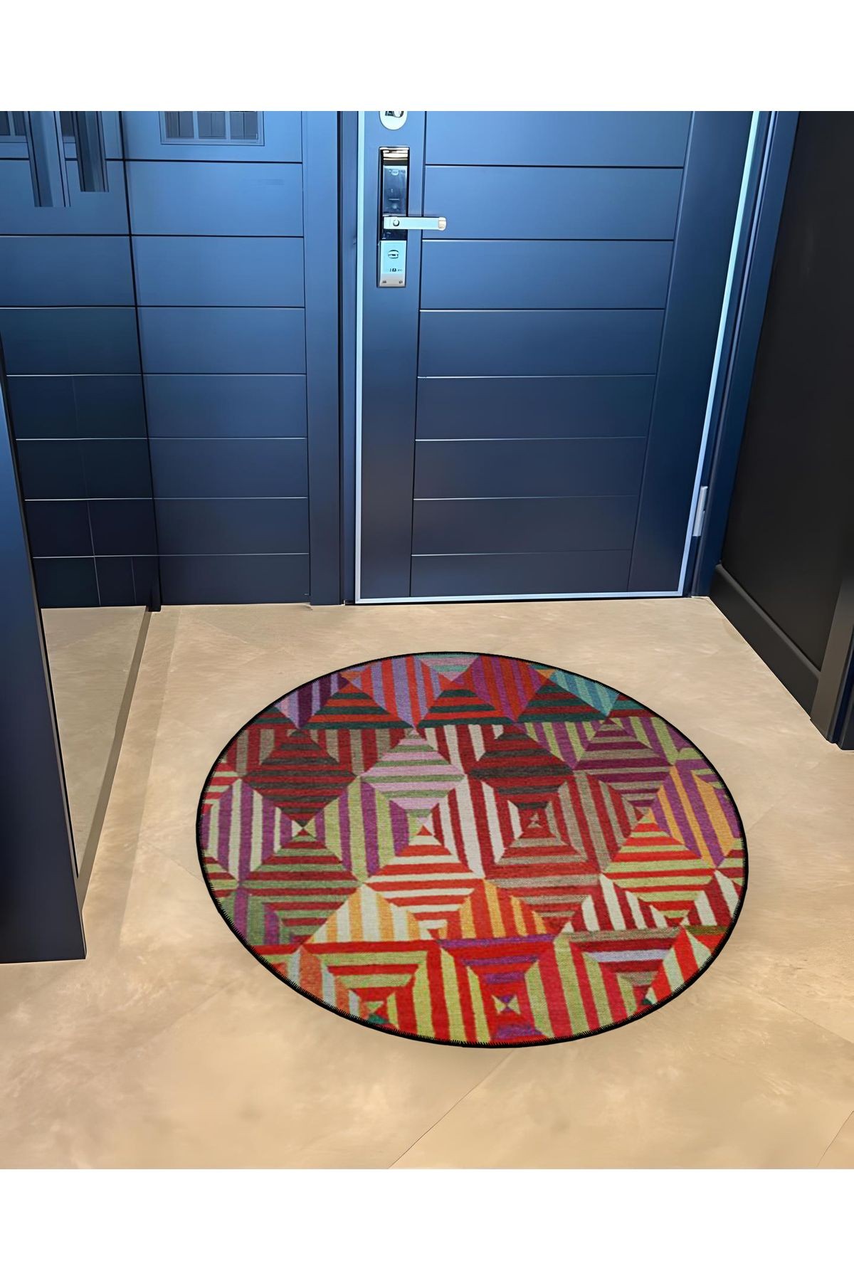Çok Renkli Geometrik Desenli Yuvarlak Dokuma Taban Modern Dekoratif Halı 6131