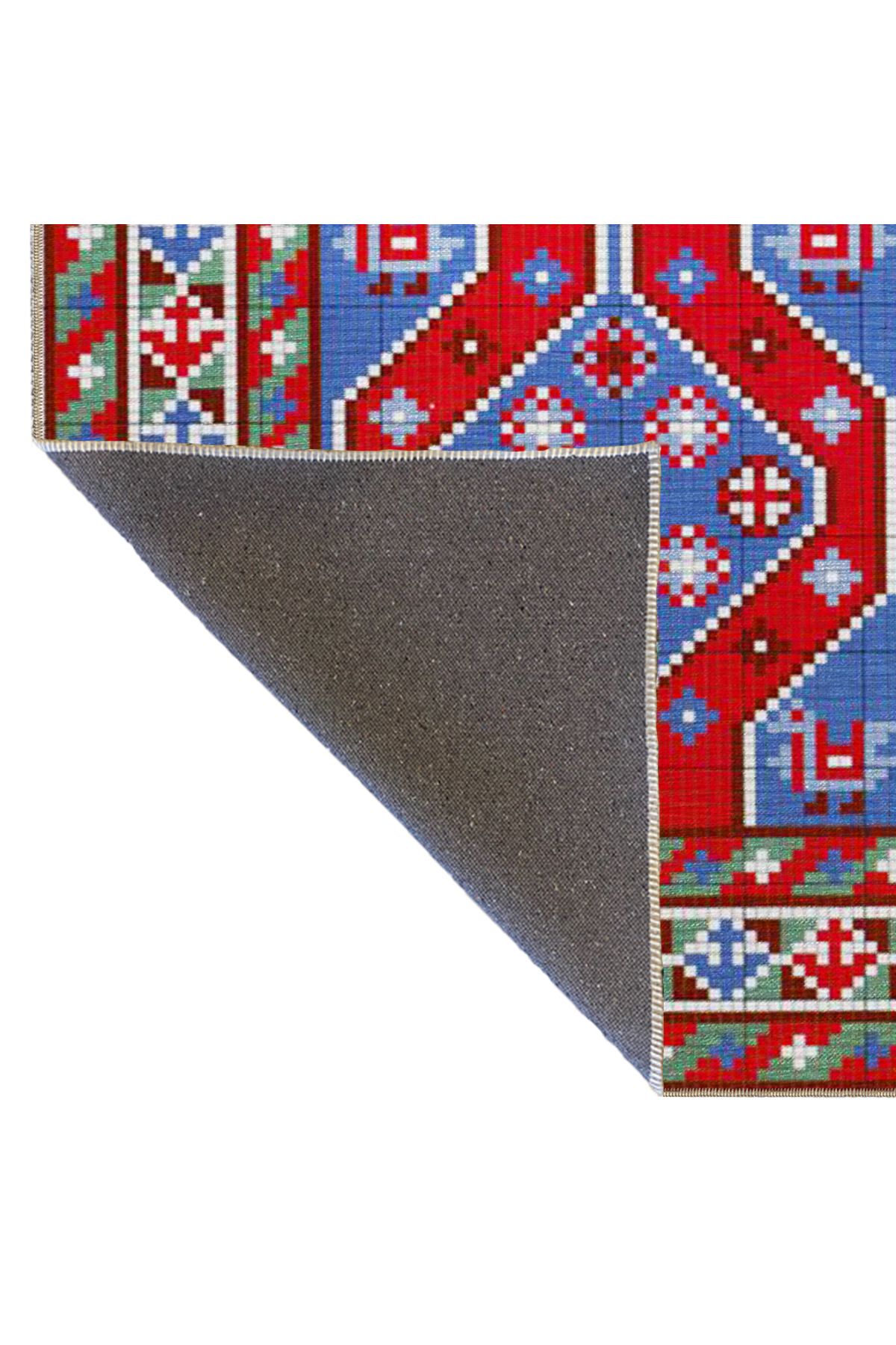 Kırmızı Mavi Renkli Etnik Desenli Geometrik Dokuma Taban Halı 4258