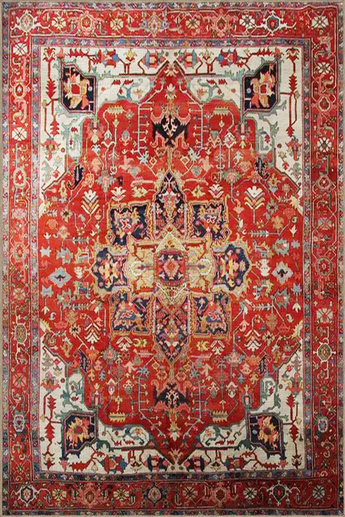 Kırmızı Temalı Geleneksel Motif Etnik Çiçek Desenli Vintage Dekoratif Halı 3304