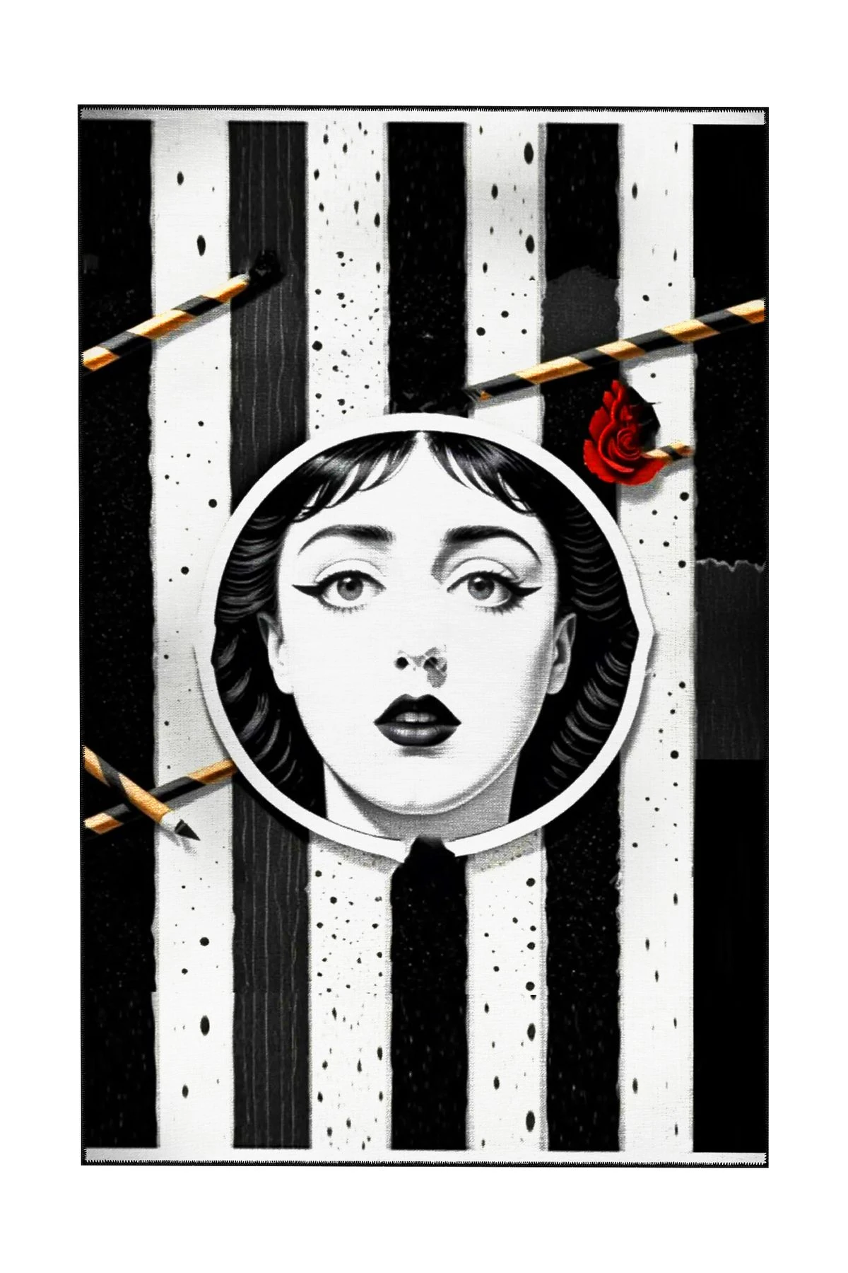 Siyah Beyaz Çizgi Temalı Yüz ve Kalem Desenli Dokuma Taban Halı ve Yıkanabilir Halı miraface06