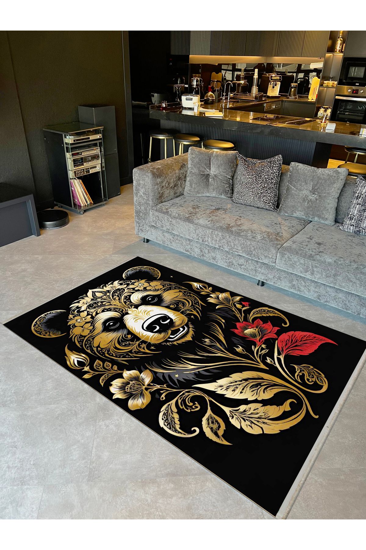 Yılmaz Koleksiyonu Siyah Sarı Kreatif  Ayı Desenli Dokuma Taban Modern Dekoratif Halı yılmaz28