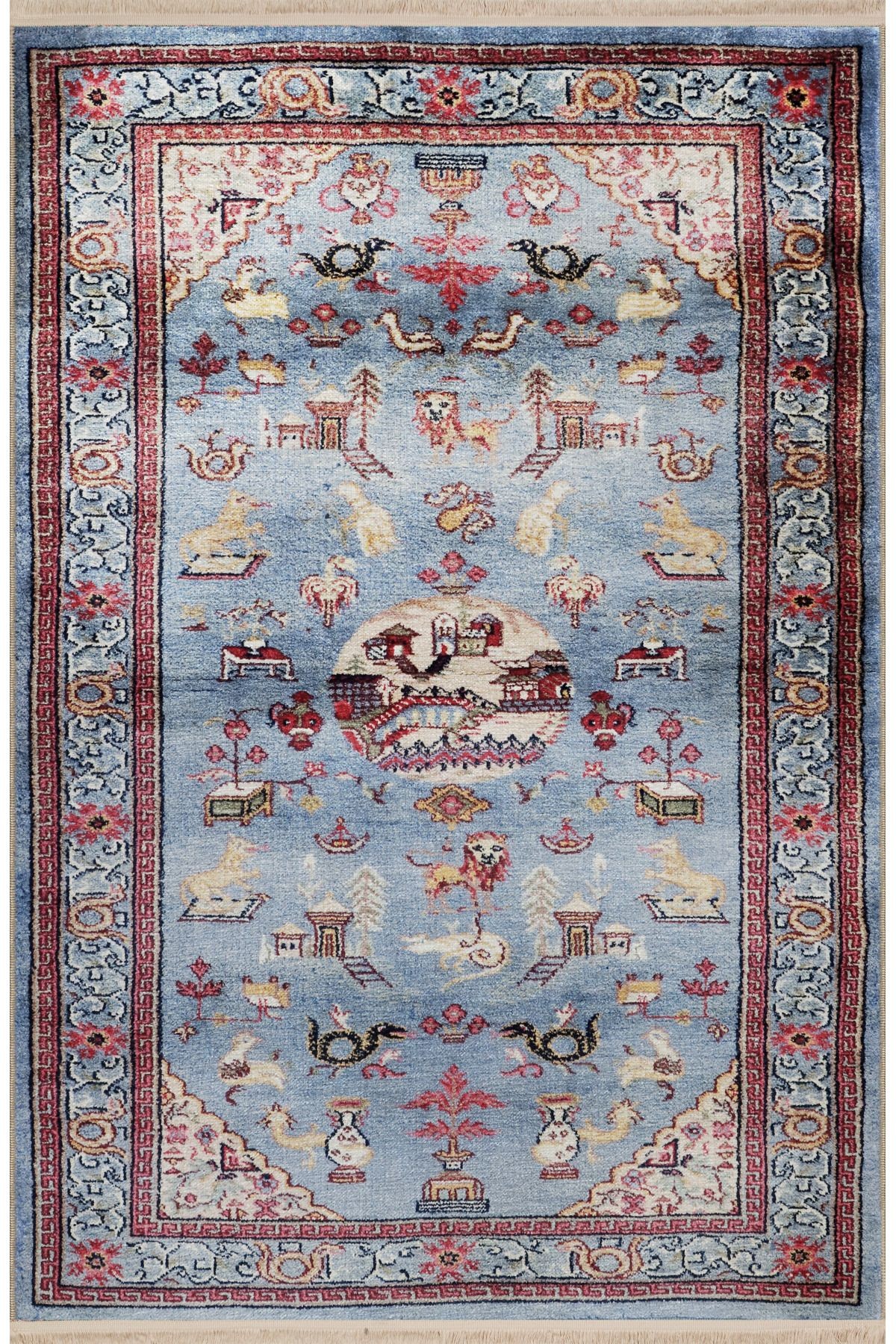 Mavi Temalı Sevimli Hayvan ve Etnik Çiçek Desenli Kreatif Vintage Dekoratif Halı 2461