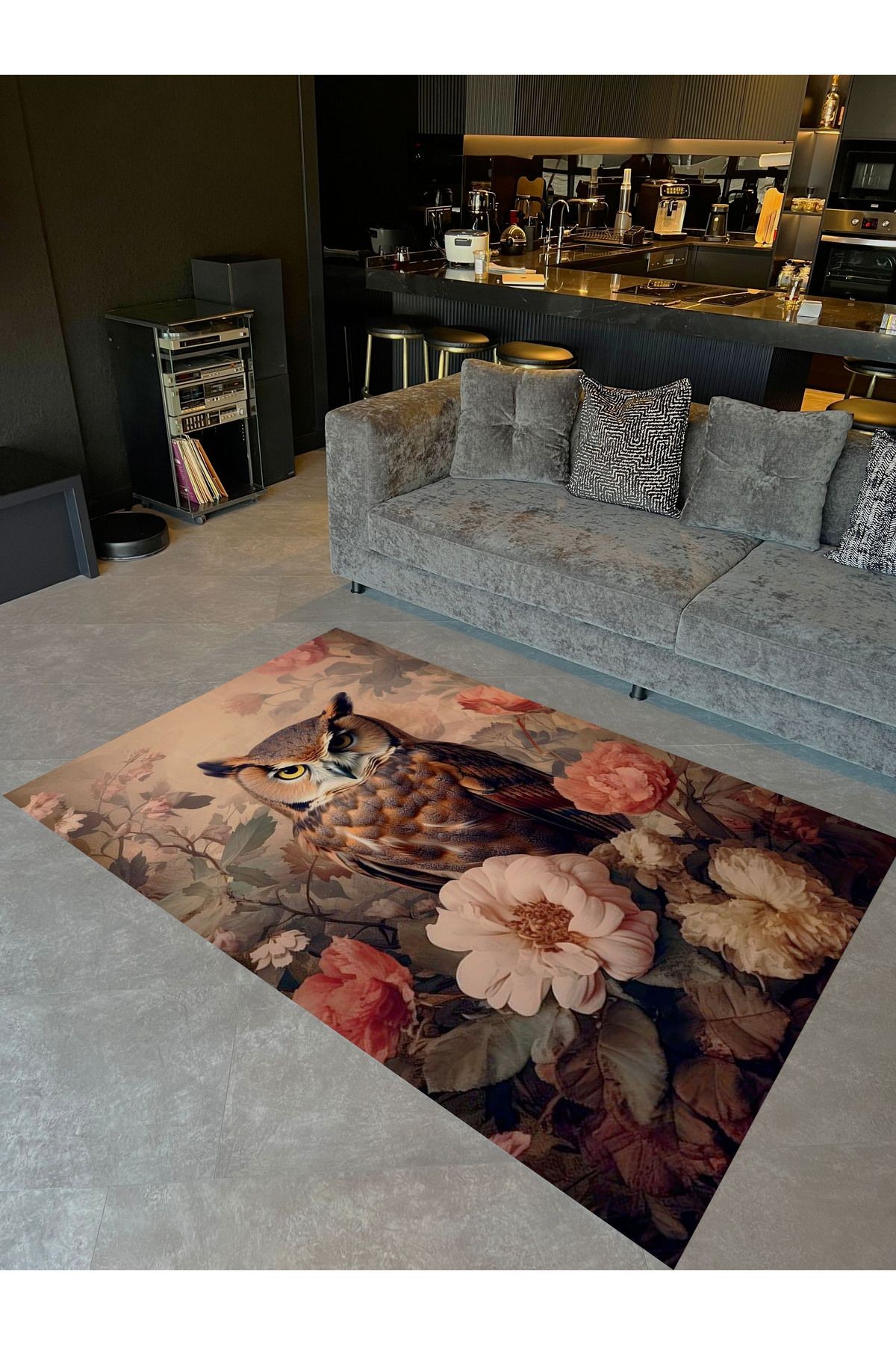 Güneş Koleksiyonu Pastel Tonlarda Baykuş Desenli Dokuma Taban Modern Dekoratif Halı güneş23