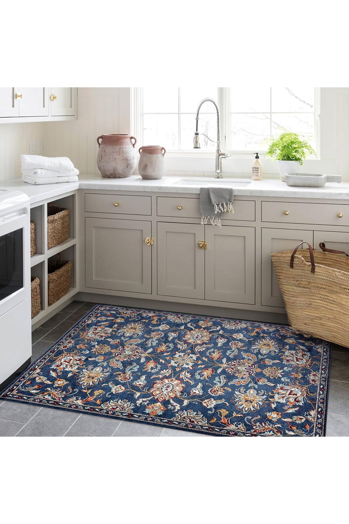 Kuzey Koleksiyonu Mavi Floral Desenli Dokuma Taban Dekoratif Halı kuzey09