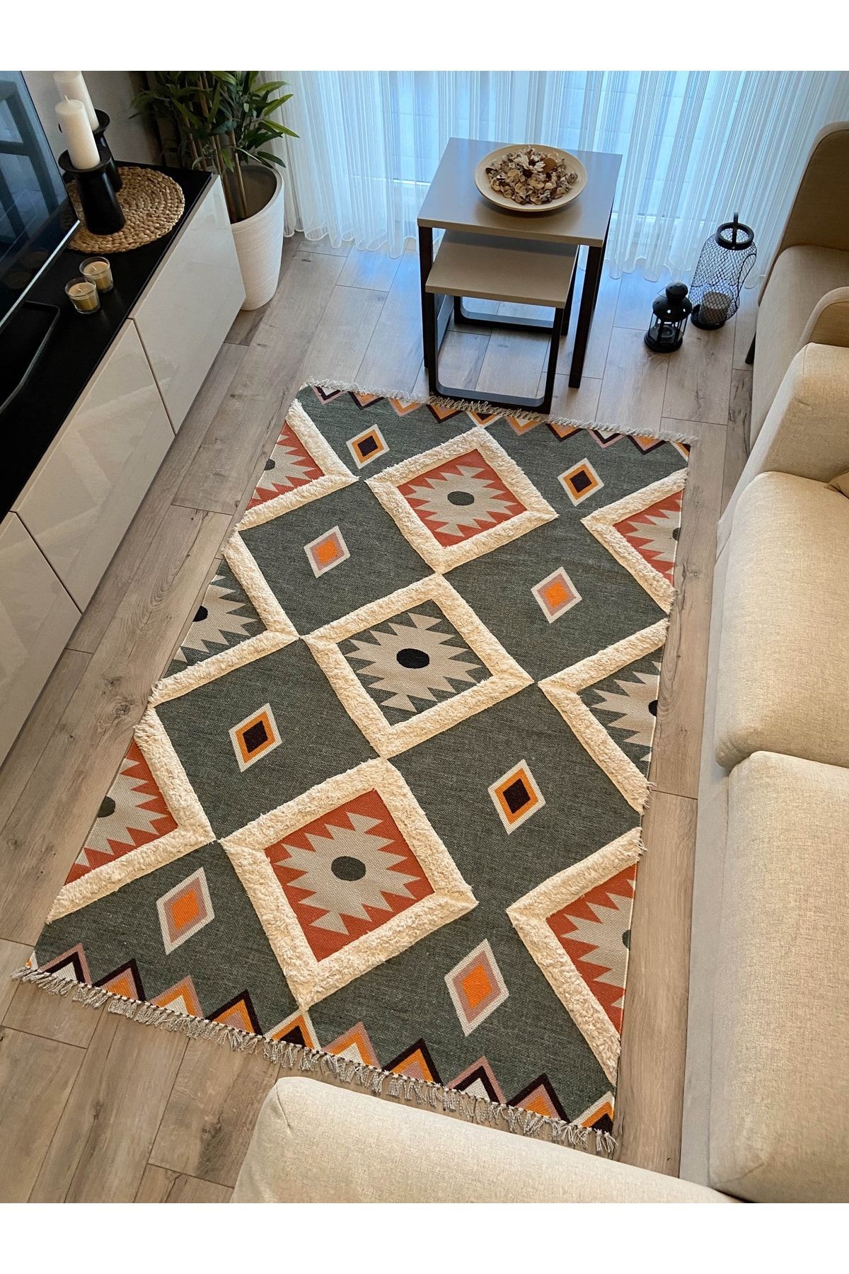 Rustik Green 4018 Çok Renkli Modern Kilim