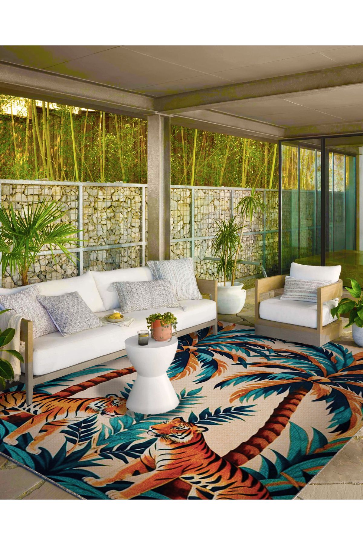 Paris Koleksiyonu Yeşil Temalı Palmiye Ağaçları ve Kaplan Desenli Modern Dekoratif Halı 67