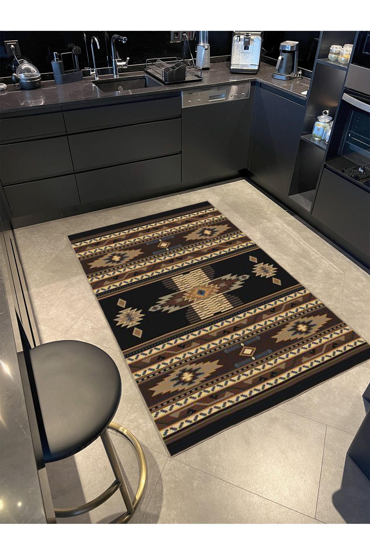 Siyah ve Kahverengi Tonlarında Vintage Dokuma Taban Halı 3763