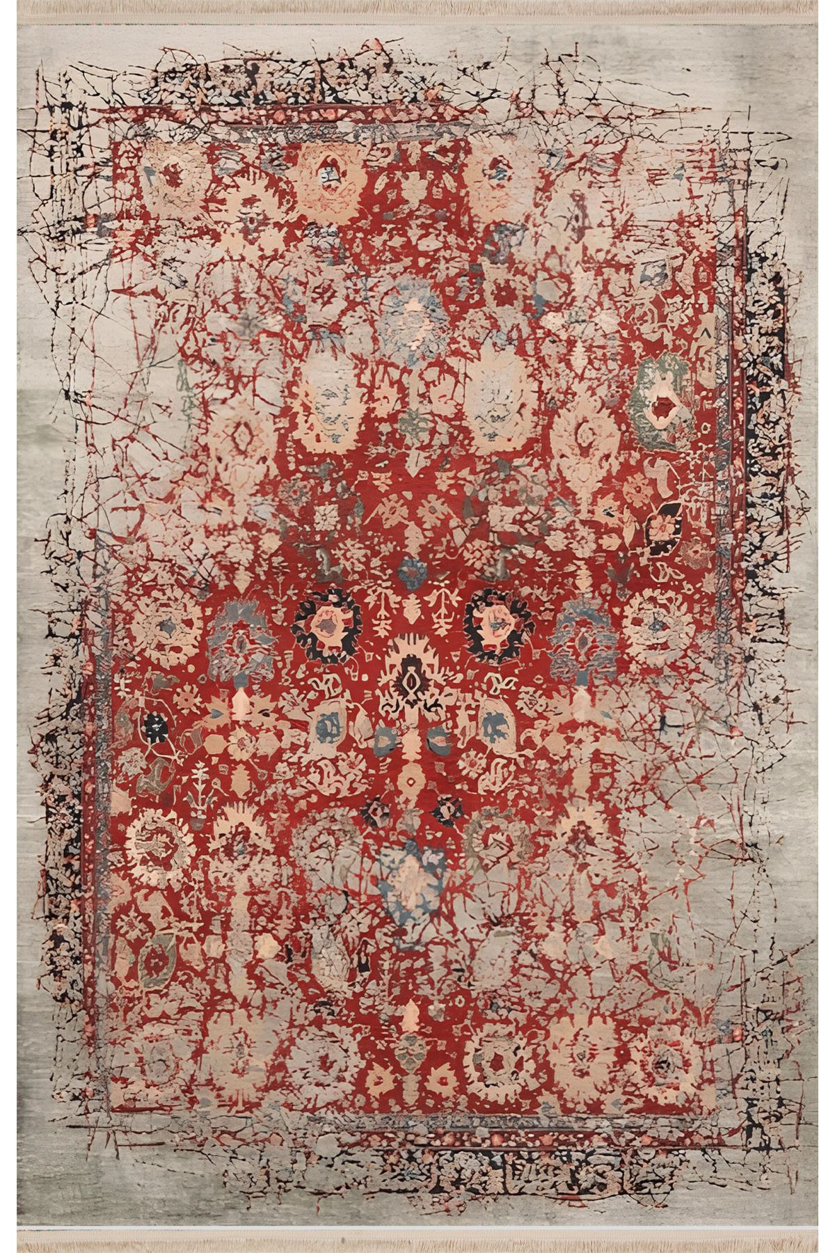 Bordo Temalı Geleneksel Motif Soyut Desen Vintage Dekoratif Halı 1658